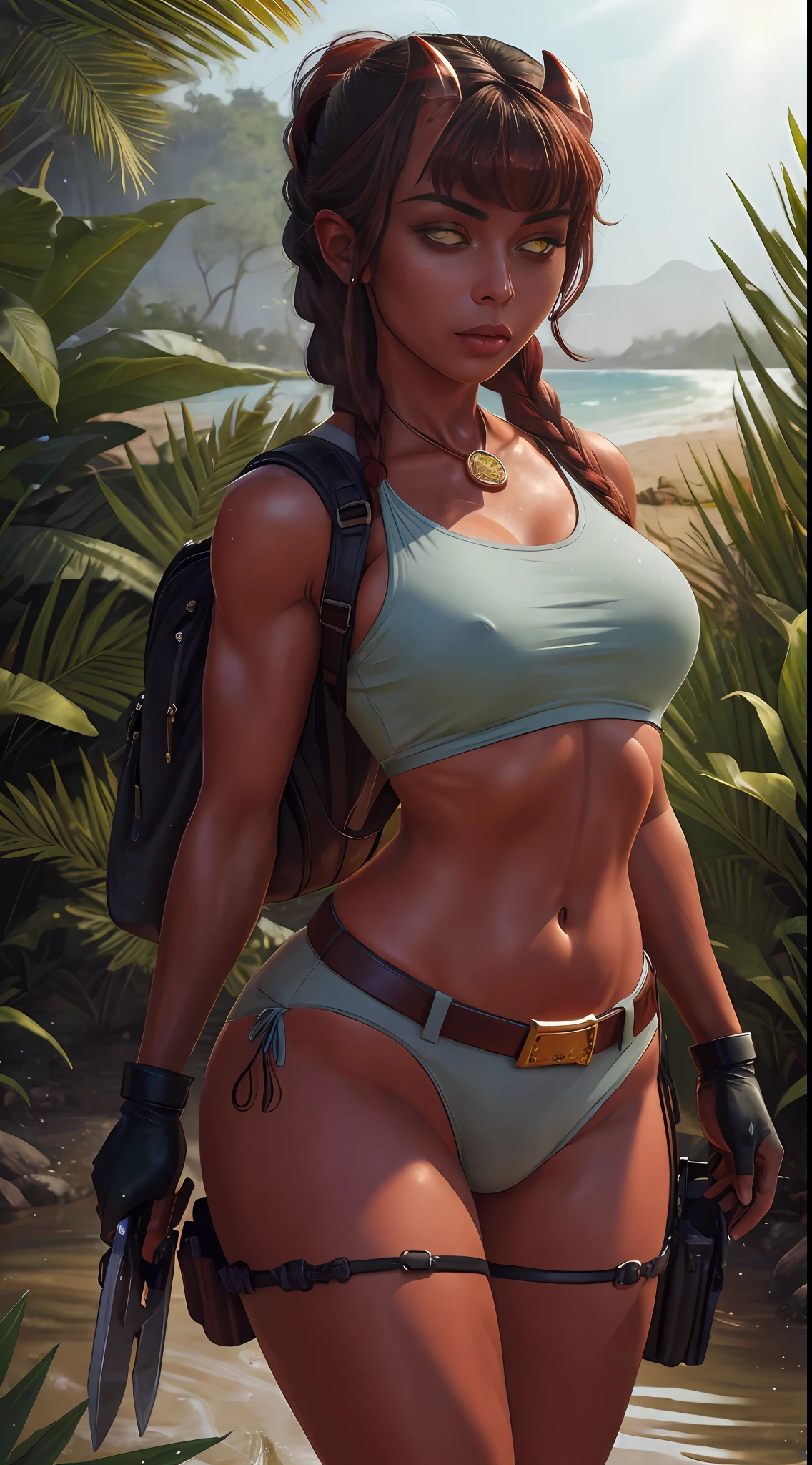 (nsfw),(solo), cosplay of beautiful female, mulatto, (adult women, 30 year old), (curvy women, seductive, sex-bomb), chicken, (Meru, Merunyaa:1.2), (devil-women),  (famous beautiful american supermodel), (fit, abs),  (busty,Large erect breasts,huge chests,erect nippleslips :1.3), thick thighs, slim waist, cameltoe, (red hair,redhead), (1long braid), [freckles],   [ Meru | Lara Croft ], (female body),(muscle body), muscle tummy, seductive body, BREAK
red body, (red burned skin), shining oily skin, (2short horns), Half-nude,  BREAK
( khaki army shorts:1.2 ),  BREAK
(open breasts :1.2), topless, (slim lightblue croptop, underboobs ),  openwork tattoo on the biceps,  BREAK
( pistol-holsters on her both thighs ), (thigh knife strap), wide belt, leather straps on hips and biceps,    
( 1small backpack on her back), army boots, black leather tactic fingerless gloves, BREAK
( ((red)) round glasses ), BREAK
ancient medallion around the neck (between her boobs),
    
(upperbody portrait),            
(detailed eyes, detailed cat-pupils, yellow eyes, glowing eyes), BREAK
outdoors,
ocean tropical beach, shining waterdrops, waves,
Sunday, sunrays, soft shining, sunburned, reflections of lights,   
(particles ,firefly,soft blue glowing, bioluminescence ),romantic mood, BREAK
seeker of adventures, tomb raider,

seduct, serious look, (languid look), BREAK
beautiful face, face makeup, detailed plump lips,  BREAK
(masterpiece, best quality, sharp focused shoot, blur background, photorealistic, realism, ultrarealism, cinematic, intricate, smalldetailed, sharp focused pupils, detailed pupils, detailed iris of eyes, detailed contact lenses, realistic hands, 8k,4k, HD, high res, hi-res), 
(shadows, wide dynamic range, hdr, low light:1.2),
by Pino Daeni, by ruaidri, by virtyalfobo, by Kenket, (by iskra, by darkgem, by merunyaa),