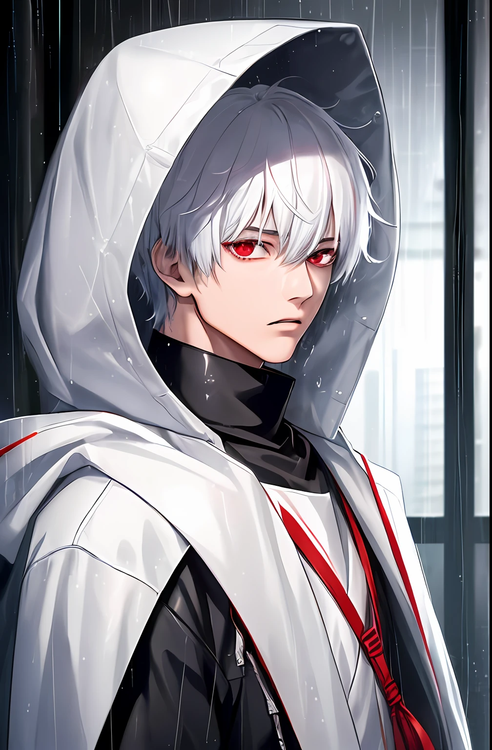 kk, best quality, more details, masterpiece, 1boy, kaneki ken, portrait, male focus, red eyes, solo, bangs, looking at viewer, hood, short hair, rain, tokyo tokyo \(city\), hood up, nail polish, white hair, luxurious, 8k, detailed, ray tracing, depth of field, cinematic lighting,
