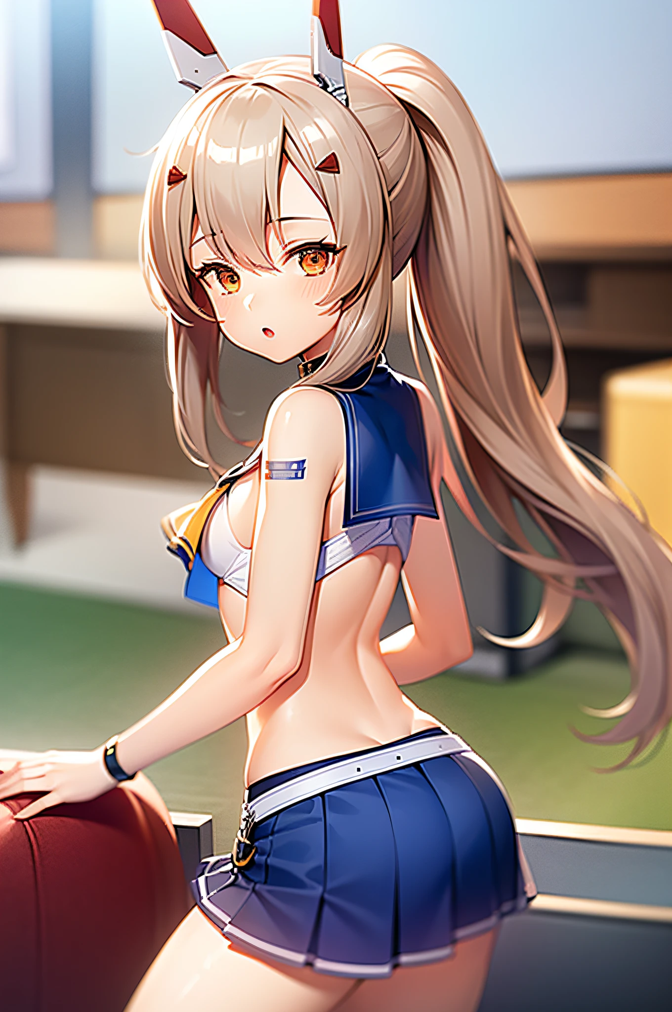 1girl, cabello rubio, Azur Lane Ayanami, Small blue skirt with white line, cola de caballo grande, Arriba, vientrebuttom visible, Pose linda, small abdomen, small lips, butt approach