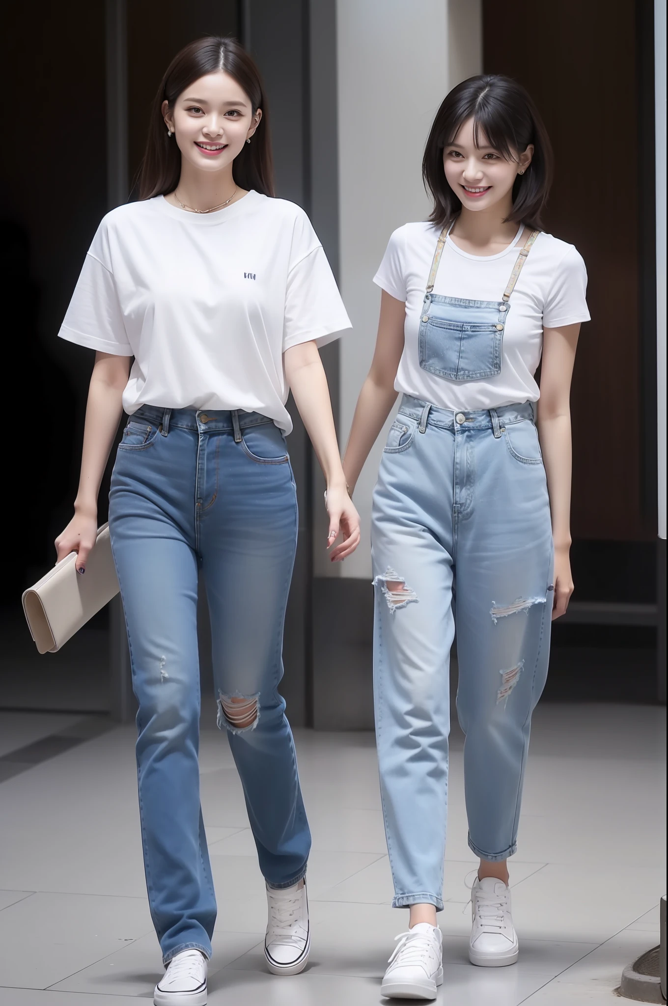 Fashion trends for 2023,Wear a white printed T-shirt,Wear yours with strappy blue wash jeans,Denim color washed and old,full bodyesbian,Wear stylish sneakers,Step forward,Urban beautiful girl,Large eyes and double eyelids,Toothy smile,Facing the audience head-on,Whole-body dynamics,Long-range shots,Mall,Clear light,The skin is delicate and shiny,White,Long straight hair,k hd,8K,
