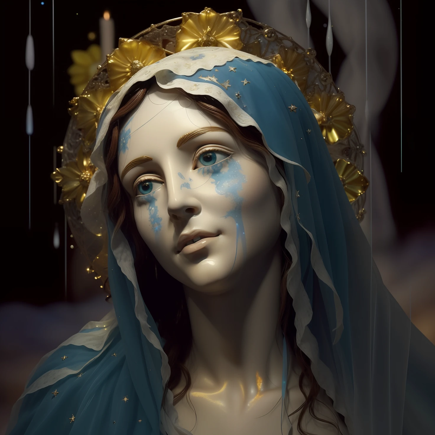 (((Blessed Virgin Mary))) Obra maestra, (La mejor calidad: 1.2), (super fine: 1.2), illustration, (extremadamente delicado y hermoso: 1.2), movie angle, flotante, (Hermoso ojo de detalle: 1.1), (detalle luz: 1.1), Movie Lights, Cielo delicado, ojos azules, (Cola de caballo alta: 1.1), capa, ojuelos, (luna: 1. 2), (Luz de la luna: 1.1), cielo estrellado, (light particles: 1.1) dibujo, flor. (Obra maestra), (La mejor calidad), (fotorrealista:1.3), 8k, Textura detallada de la piel, Textura detallada de la tela, Hermosa cara detallada, Detalles intrincados, Ultra detallado (cuerpo de cuerpo entero:1.2)