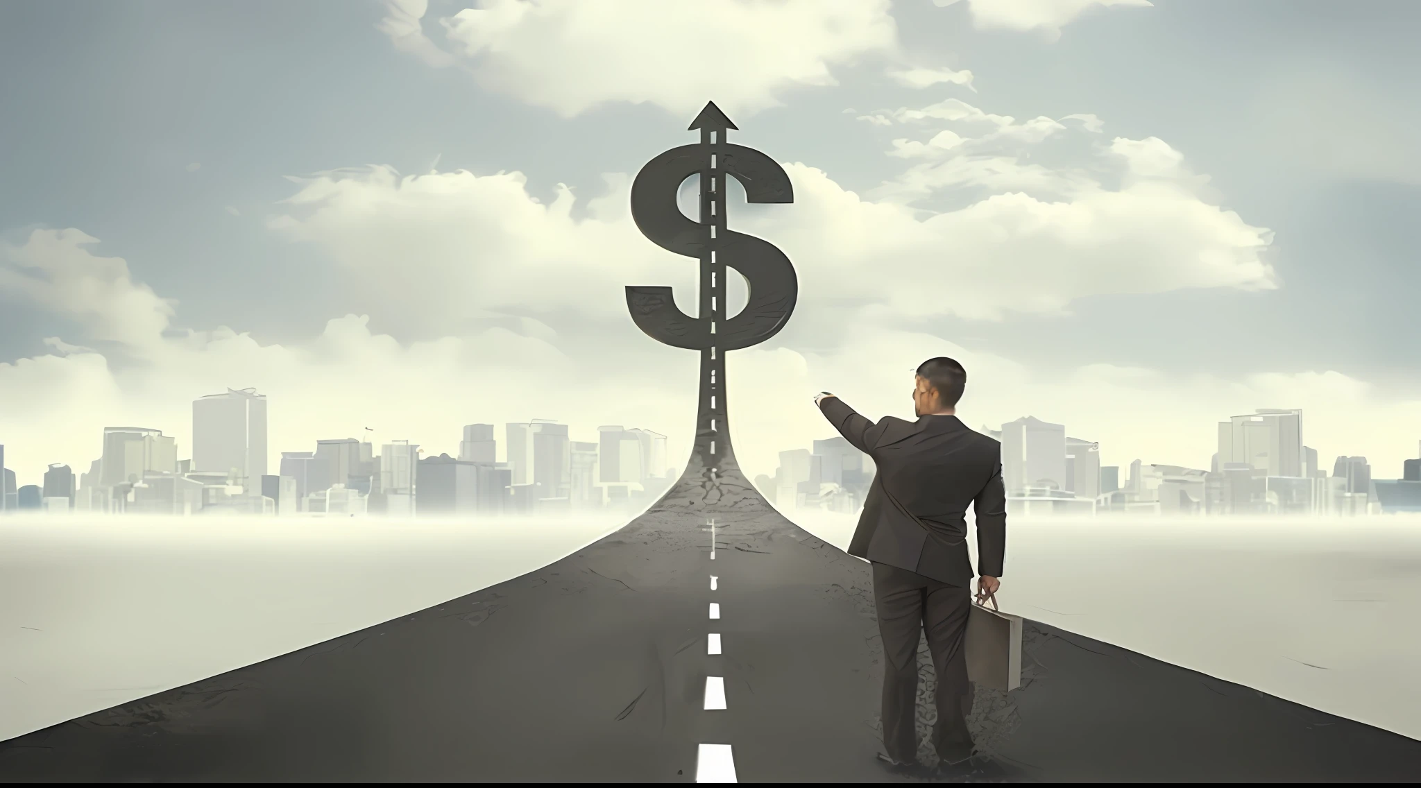 Businessman standing on a road with a dollar sign, Directed by: Kurt Roesch, snapshot, Imagem, B, alta resolução, Captura de malha, advertising photo, alta constraste, Directed by: Whitney Sherman, Directed by: Lena Alexandre, towards the camera, extremely high budget, Detalhe excepcional, Directed by: Nicolau Marsicano, dollar sign, custar, imagem promocional, Photographic Marketing