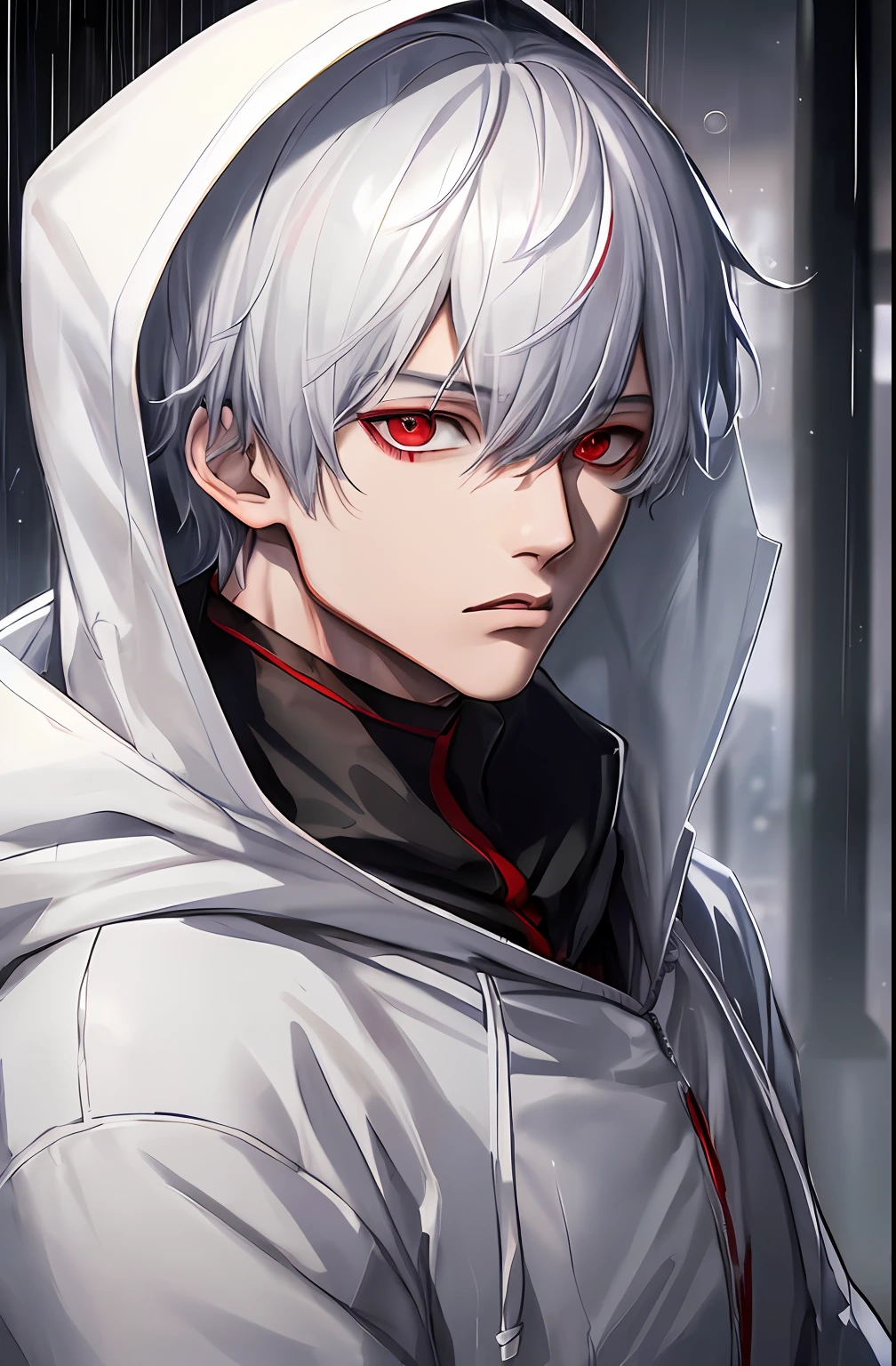 kk, best quality, more details, masterpiece, 1boy, kaneki ken, portrait, male focus, red eyes, solo, bangs, looking at viewer, hood, short hair, rain, tokyo tokyo \(city\), hood up, nail polish, white hair, luxurious, 8k, detailed, ray tracing, depth of field, cinematic lighting,