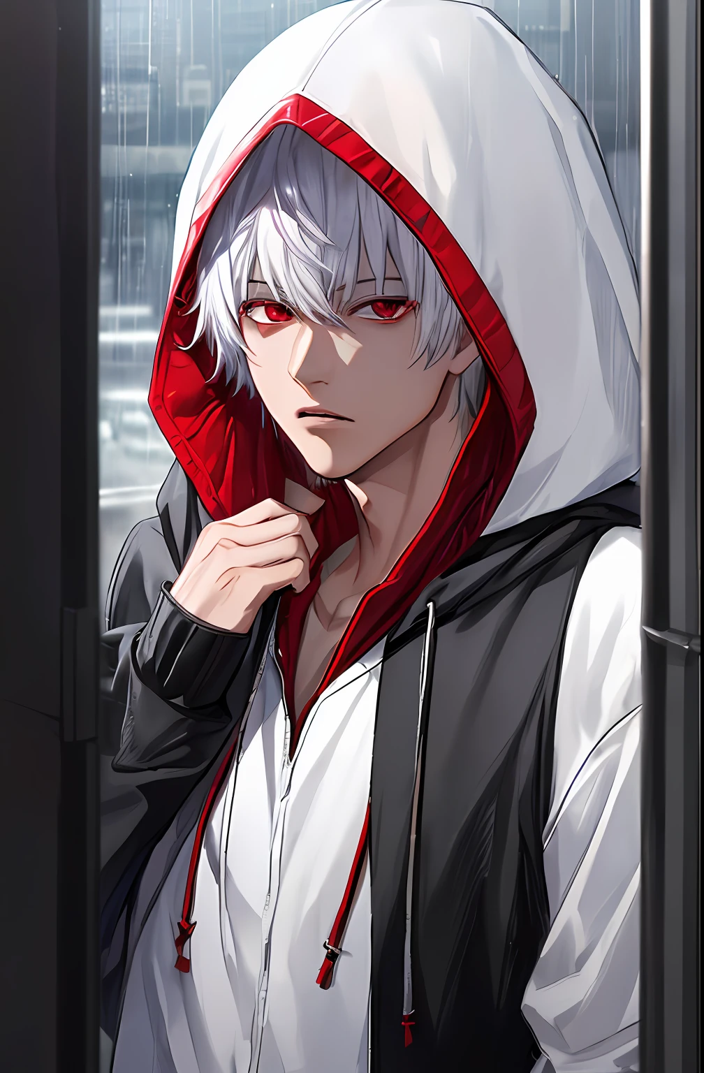 kk, best quality, more details, masterpiece, 1boy, kaneki ken, portrait, male focus, red eyes, solo, bangs, looking at viewer, hood, short hair, rain, tokyo tokyo \(city\), hood up, nail polish, white hair, luxurious, 8k, detailed, ray tracing, depth of field, cinematic lighting,