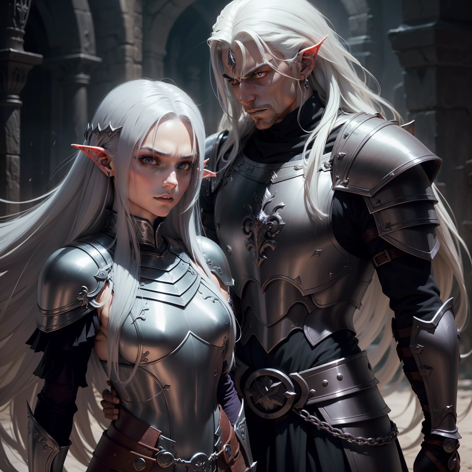 Create a very detailed blend of Melniboné's Elric of silver hair and purple body with Conan with the appearance of a dark elf from Dungeons and dragons ( com a pele roxa e os cabelos prateados ), He must wear a full dark plate armor is to use a cursed black long sword , in a dark and cinematic fantasy setting with high lighting