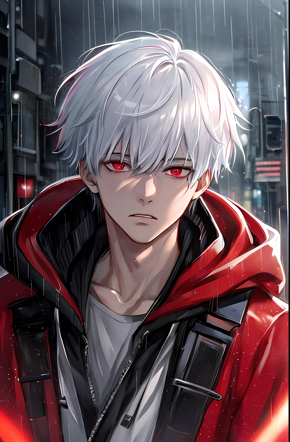 kk, best quality, more details, masterpiece, 1boy, kaneki ken, portrait, male focus, red eyes, solo, bangs, looking at viewer, hood, short hair, rain, tokyo tokyo \(city\), hood up, nail polish, white hair, luxurious, 8k, detailed, ray tracing, depth of field, cinematic lighting,