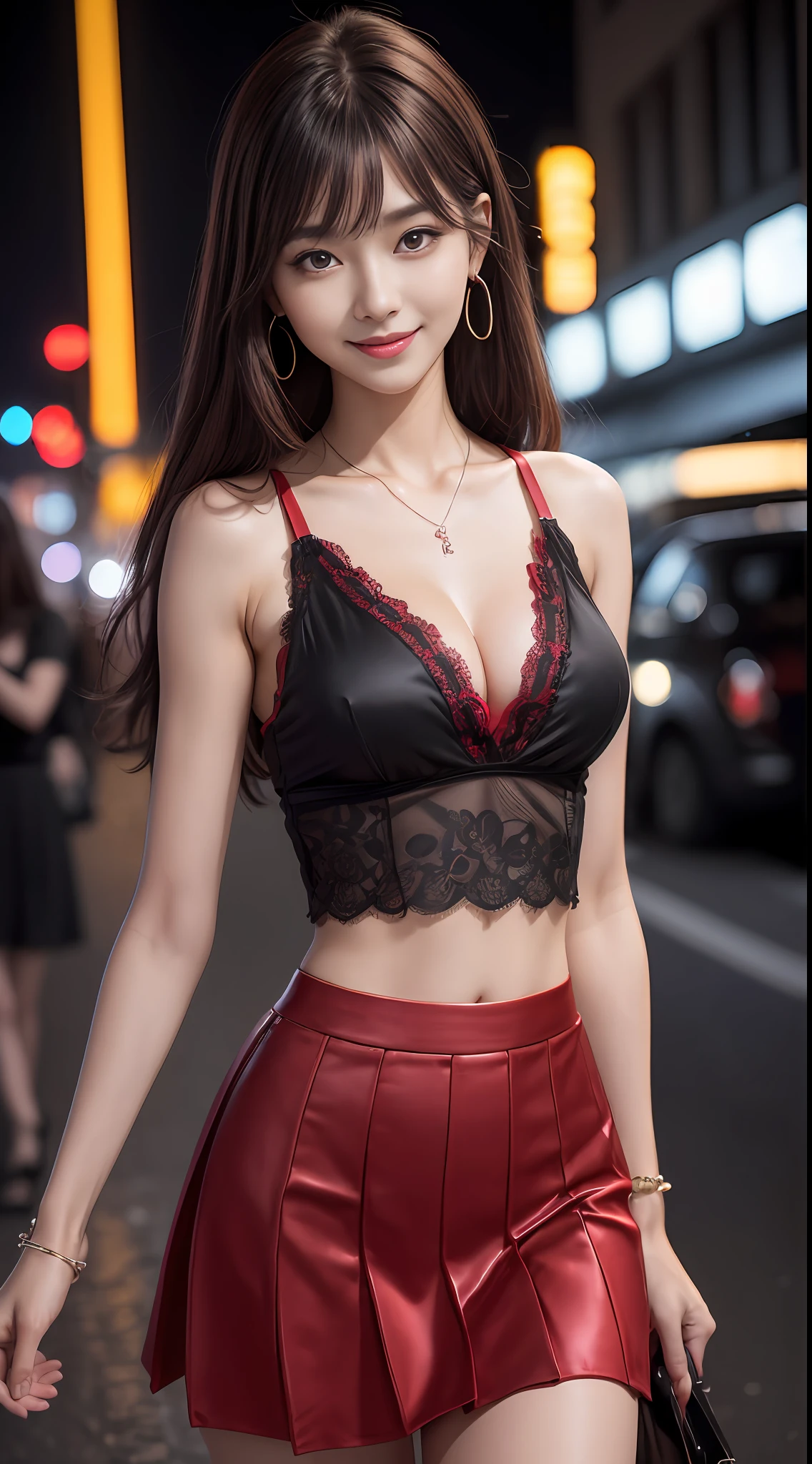 8k, masterpiece, RAW photo, best quality, photorealistic, extremely detailed CG unity 8k wallpaper, Depth of field, Cinematic Light, Lens Flare, Ray tracing, (extremely beautiful face, beautiful lips, beautiful eyes), intricate detail face, ((ultra detailed skin)) 1girl, in the dark, deep shadow, pretty korean girl, kpop idol,(very slim slender fit-muscled body:1.3), ((looking at viewer)),(big smile:1.3), (tight mini skirt, sleeveless), (fashion city night, (neon sign), (big building), fashion street night),(no people), (without people in the background:1.3), pretty korean girl, white diamond earrings, dia bracelets, dia necklace, pantyhose, clear eyes, walking , front shot, (pale skin), face forward, (big eyes), ((upper body shot)), ((silk Laced)), ((black, red color skirt:1.3)), (brown hairs) (looking at viewer:1.3), (see through blouse), (laced panty), open breast, medium breasts, have a sheen