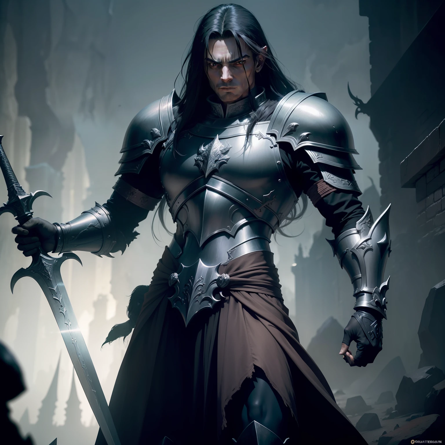 Create a very detailed mix of Elric from Melniboné with Conan with the appearance of a dark elf from Dungeons and dragons ( com a pele roxa e os cabelos prateados ), He must wear a full dark plate armor is to use a cursed black long sword , in a dark and cinematic fantasy setting with high lighting