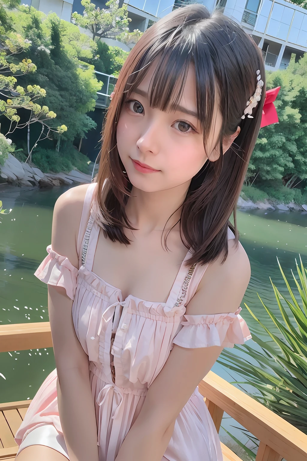 top-quality、超A high resolution、(photoRealstic:1.4)、red blush、cute little、(详细的脸)、Light smile、Looking at the camera、The upper part of the body、Komono、Sunnyday、a river、blue-sky、chee、full body Esbian、Sateen