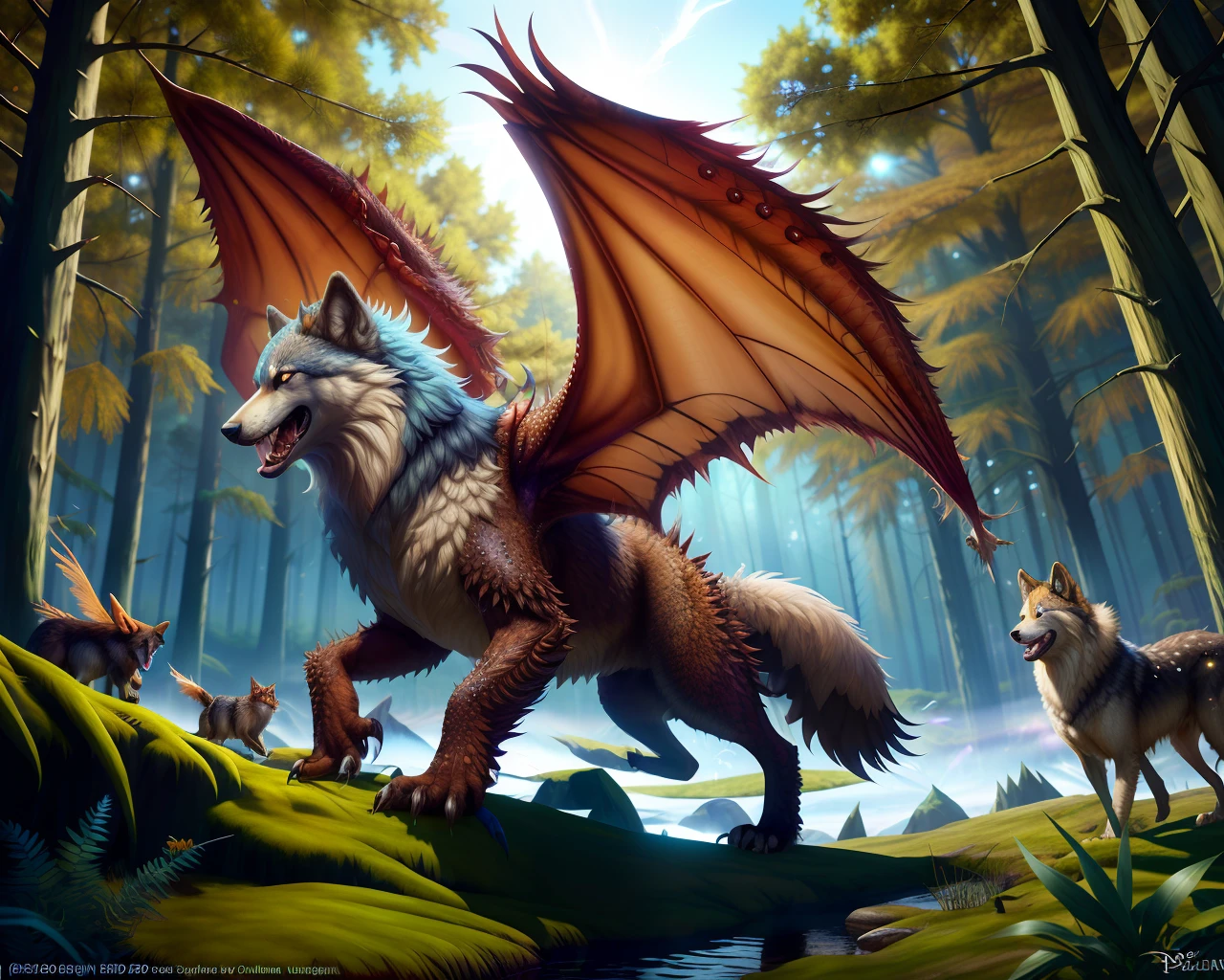 wolf face, monster, fur, mane, wolf dragon, canine, ((silavra art style)), feathered wings on its back, forest background, 3d render ultra detailed of a beautiful animal, ethereal, light rays, particles, beautiful studio soft light, rim light, vibrant detail painting,