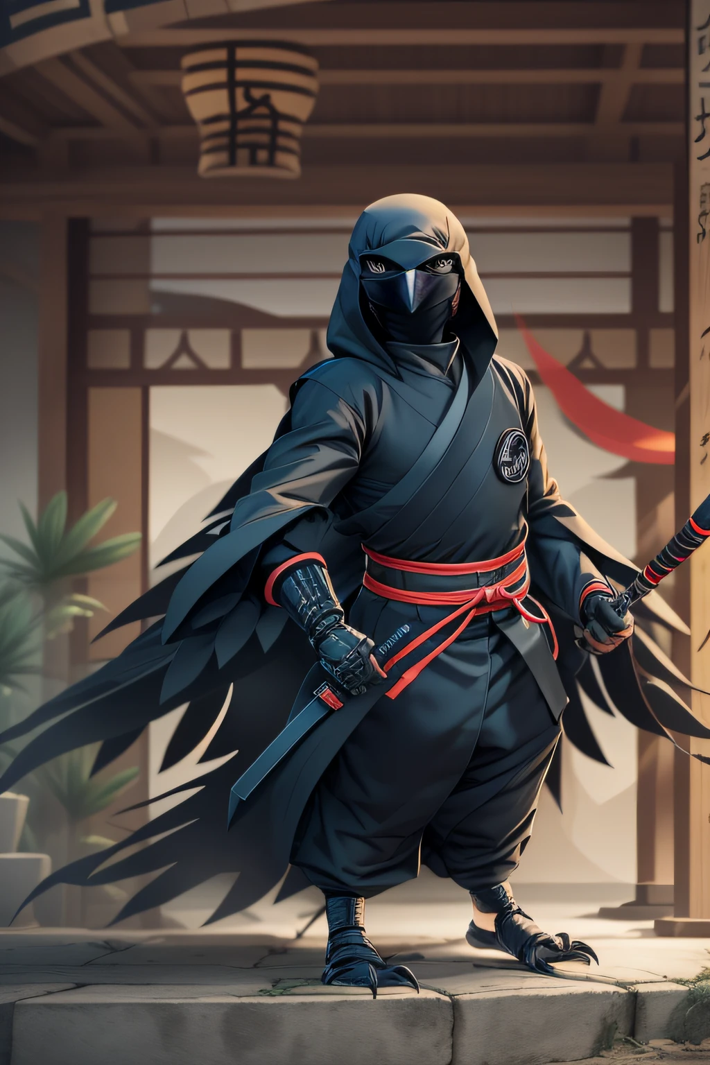 Crow wearing a ninja costume、More than a human，Female ninja