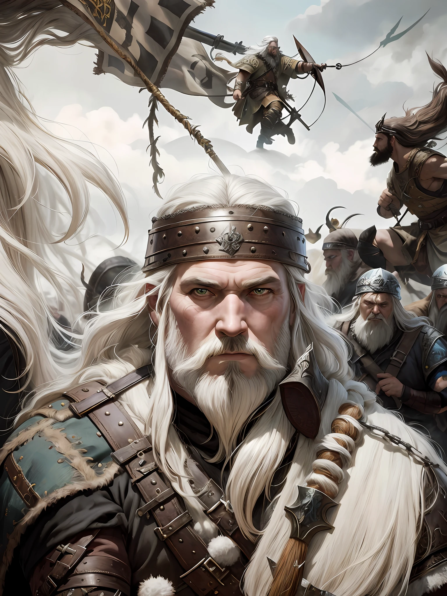 um close up de um grupo de pessoas com cabelos e barbas brancas, Retrato pintado de Odin acidentado, Tuomas Korpi e Wlop, epic fantasy character art, Directed by: Daniel Ljunggren, dwarf with white hair, Directed by: Johannes Helgeson, Directed by: Jesper Ejsing, epic fantasy game art, epic fantasy art portrait, Tyler Edlin Arte de fantasia --auto