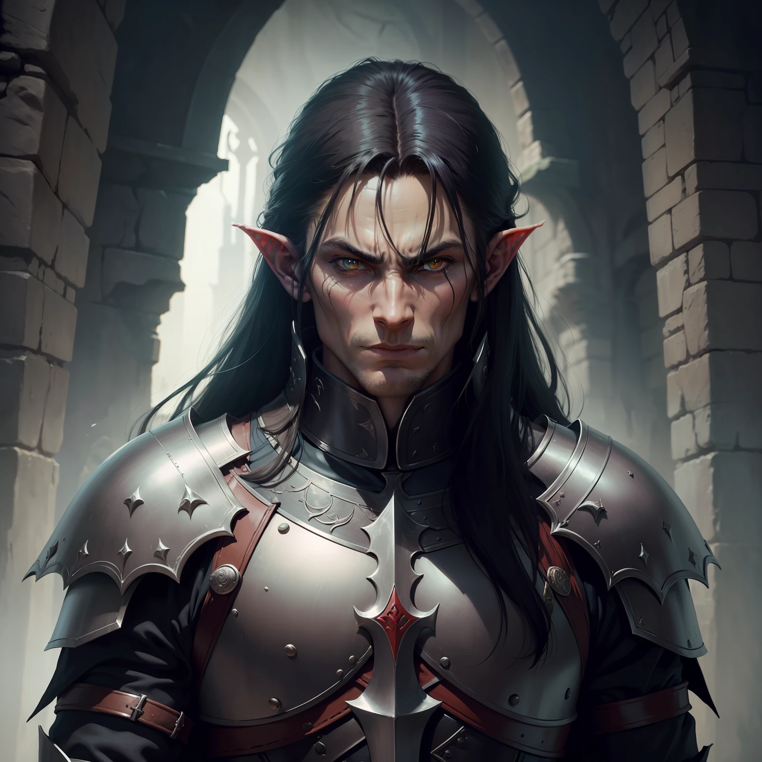 Create a very detailed mix of Elric from Melniboné with Conan with the appearance of a dark elf from Dungeons and dragons ( com a pele roxa e os cabelos prateados ), He must wear a full dark plate armor is to use a cursed black long sword , in a dark and cinematic fantasy setting with high lighting