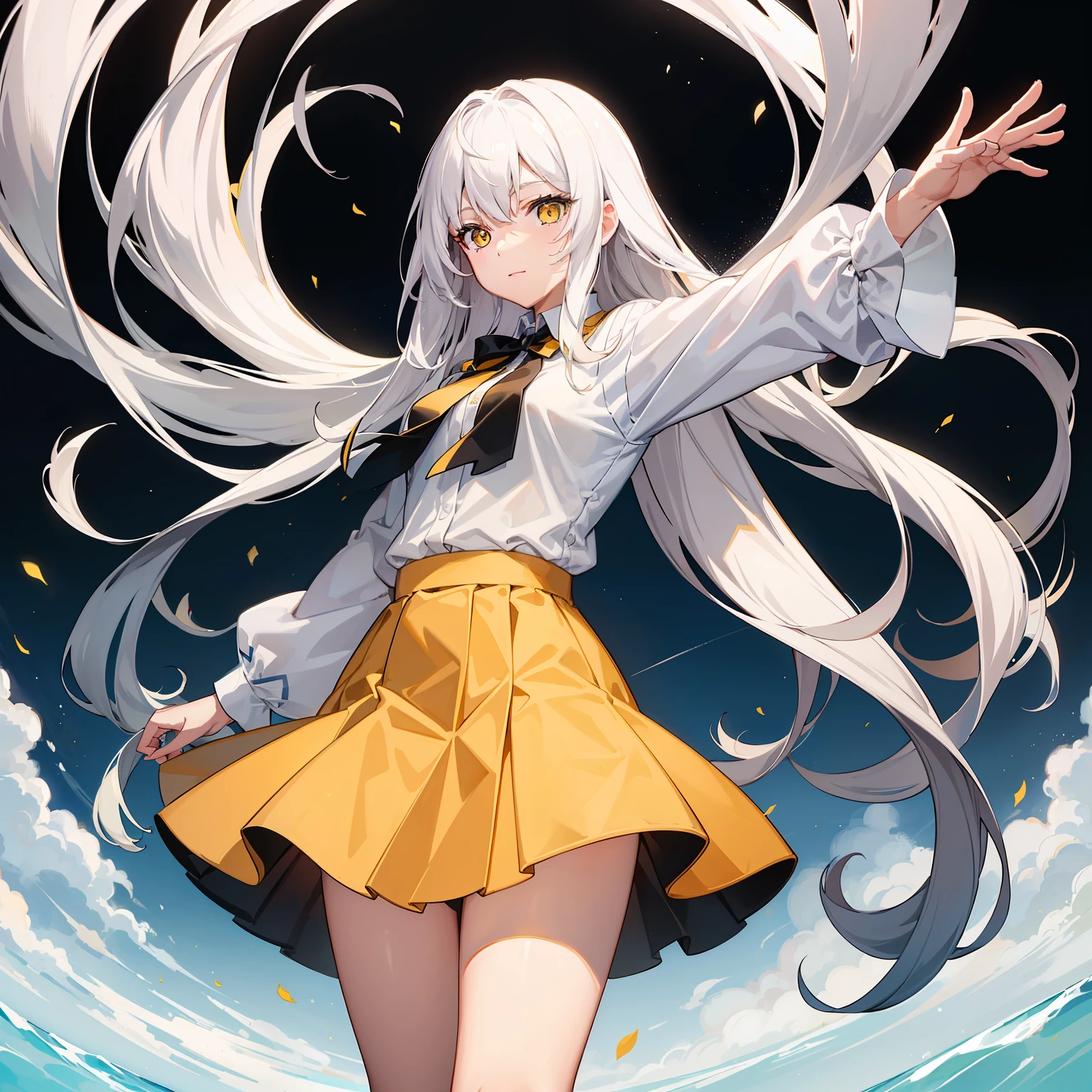 tmasterpiece， High- sharpness， Best quality at best， 1 girl solo，long  white hair，Yellow eyes，short  skirt，shirt，Bigchest，quadratic element，having fun