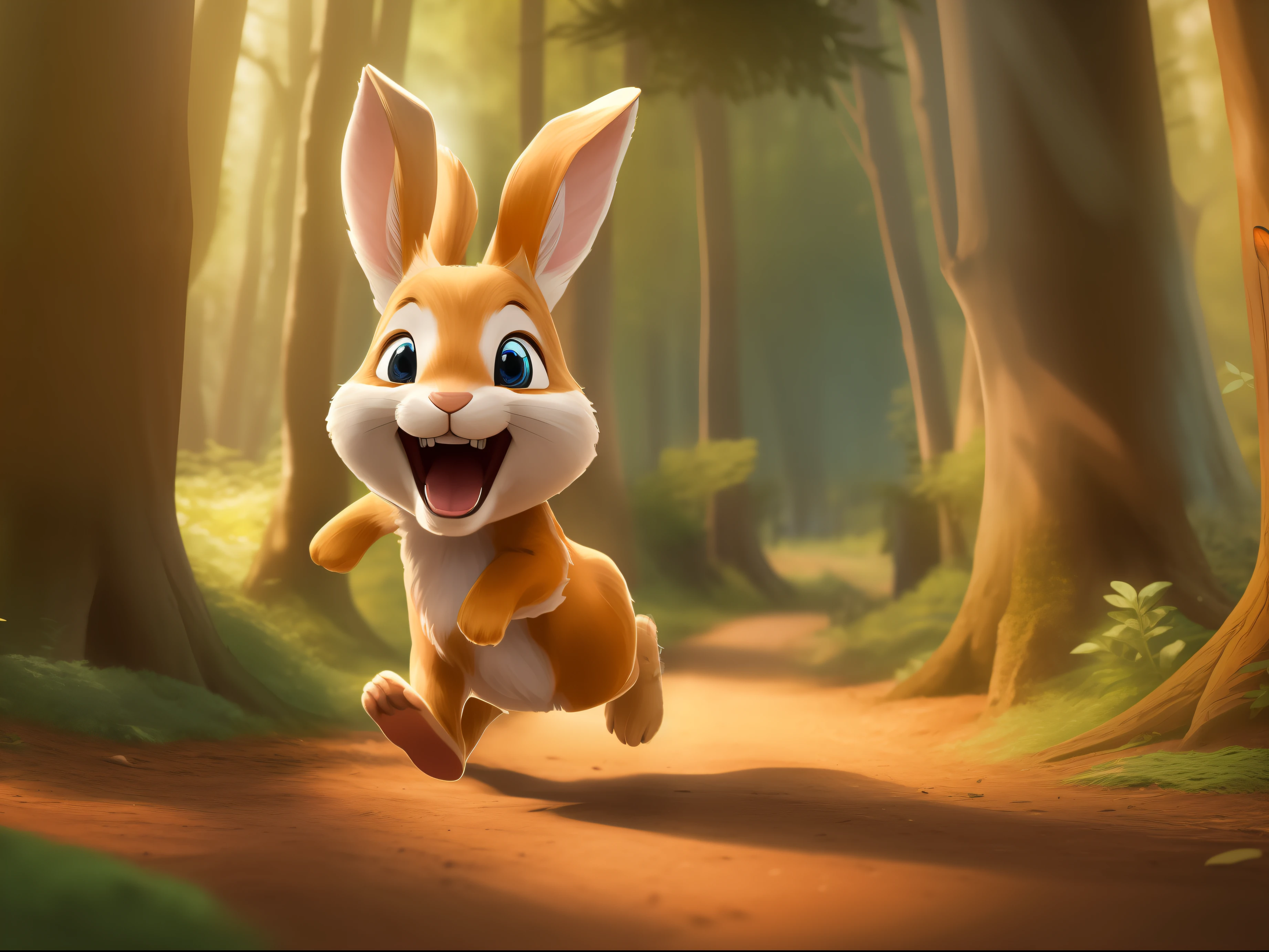 Comando: criar personagem realista, cinematic, 3D de um coelho colorido ,feliz ,correndo e saltando  na floresta com amigos, various expressions and poses to illustrate a children's storybook. description: Generate an image of an adorable, smiling rabbit running among the trees in the forest, expressando pura felicidade e liberdade.