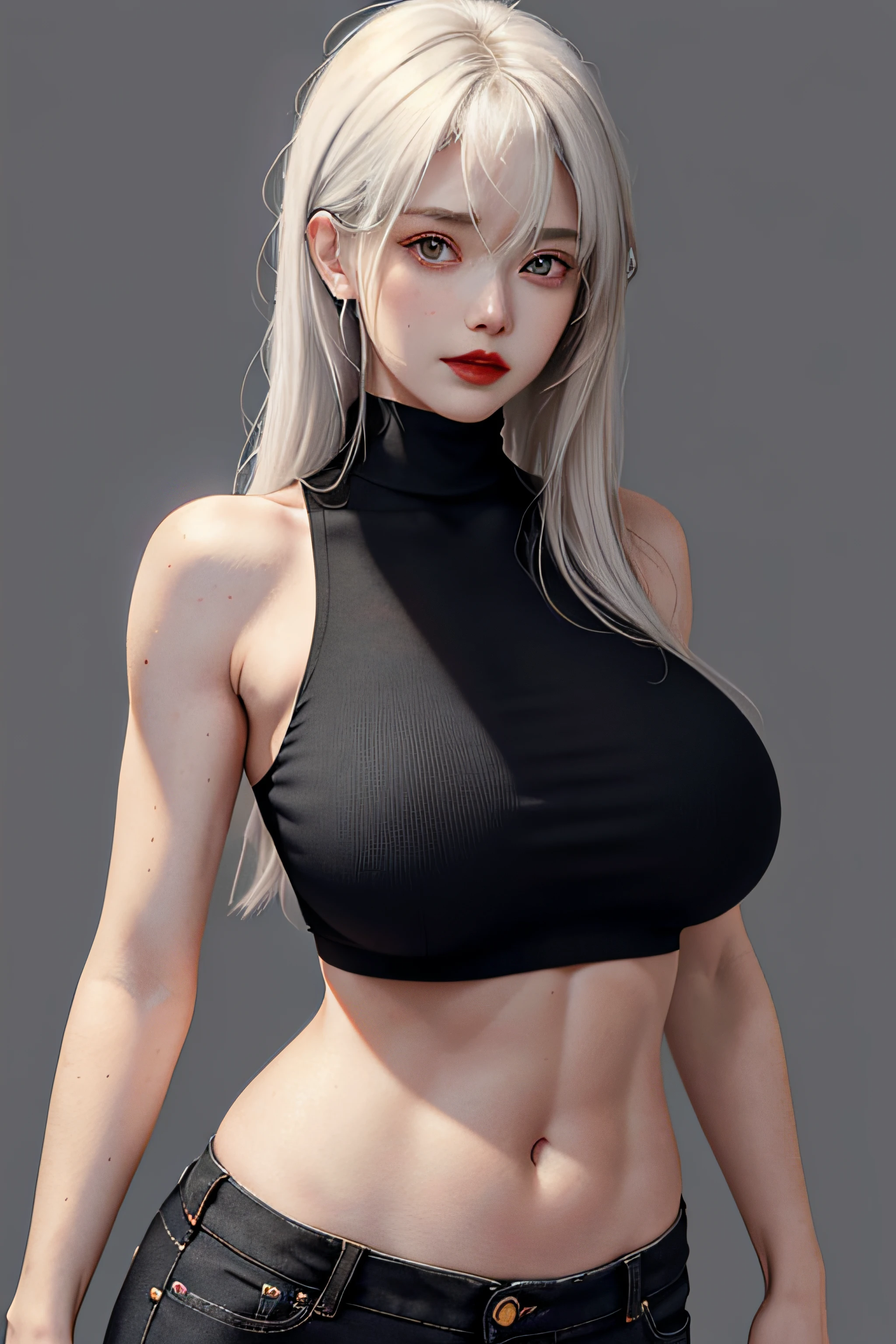 Girls, Bangs, Bare Shoulders, Black Pants, Breasts, Breasts squeezed together, Grey background, Hair between the eyes, Huge breasts, Long hair, View Viewer, Pants, Parted lips, Red eyes, Shirt, Simple background, Sleeveless, Sleeveless shirt, Solo, Turtleneck, V arm, White hair,(Shiny skin),(Masterpiece:1.4),(Best quality:1.4),,Facigirl,Red lips,Perfect abs, belly button, (nipple: 1.5), (sheer areola), nipple, huge, sweat,