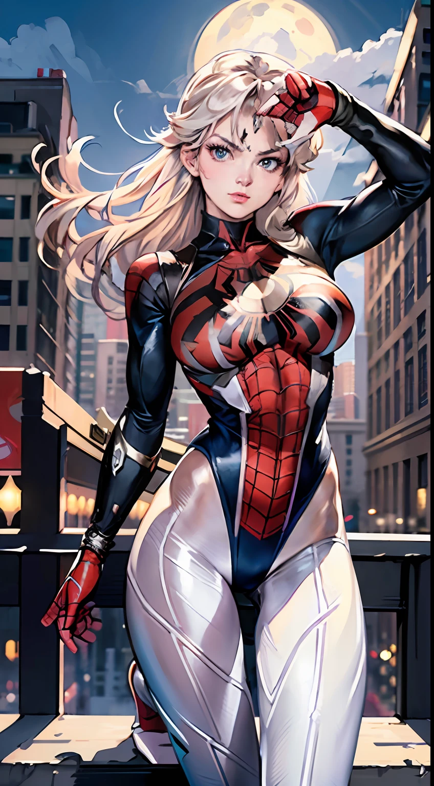 Margot Robbie (Masterpiece, 4k resolution, ultra-realistic, very detailed), (White superhero theme, charismatic, there's a girl at the top of town, wearing Spider-Man costume, she's a superhero), [ (25 years), (long white hair:1.2), full body, (blue eyes:1.2), ((Spider-Man pose),show of strength, jumping from one building to another), ((sandy urban environment):0.8)| (cityscape, at night, dynamic lights), (full moon))] # Explanation: The Prompt mainly describes a 4K painting of ultra-high definition, very realistic, very detailed. It shows a superheroine at the top of the city, wearing a Spider-Man costume. The theme in the painting is a white superhero theme, the female protagonist has long white hair, is 25 years old and her entire body is shown in the painting. In terms of portraying the actions of superheroines, spiders are employed