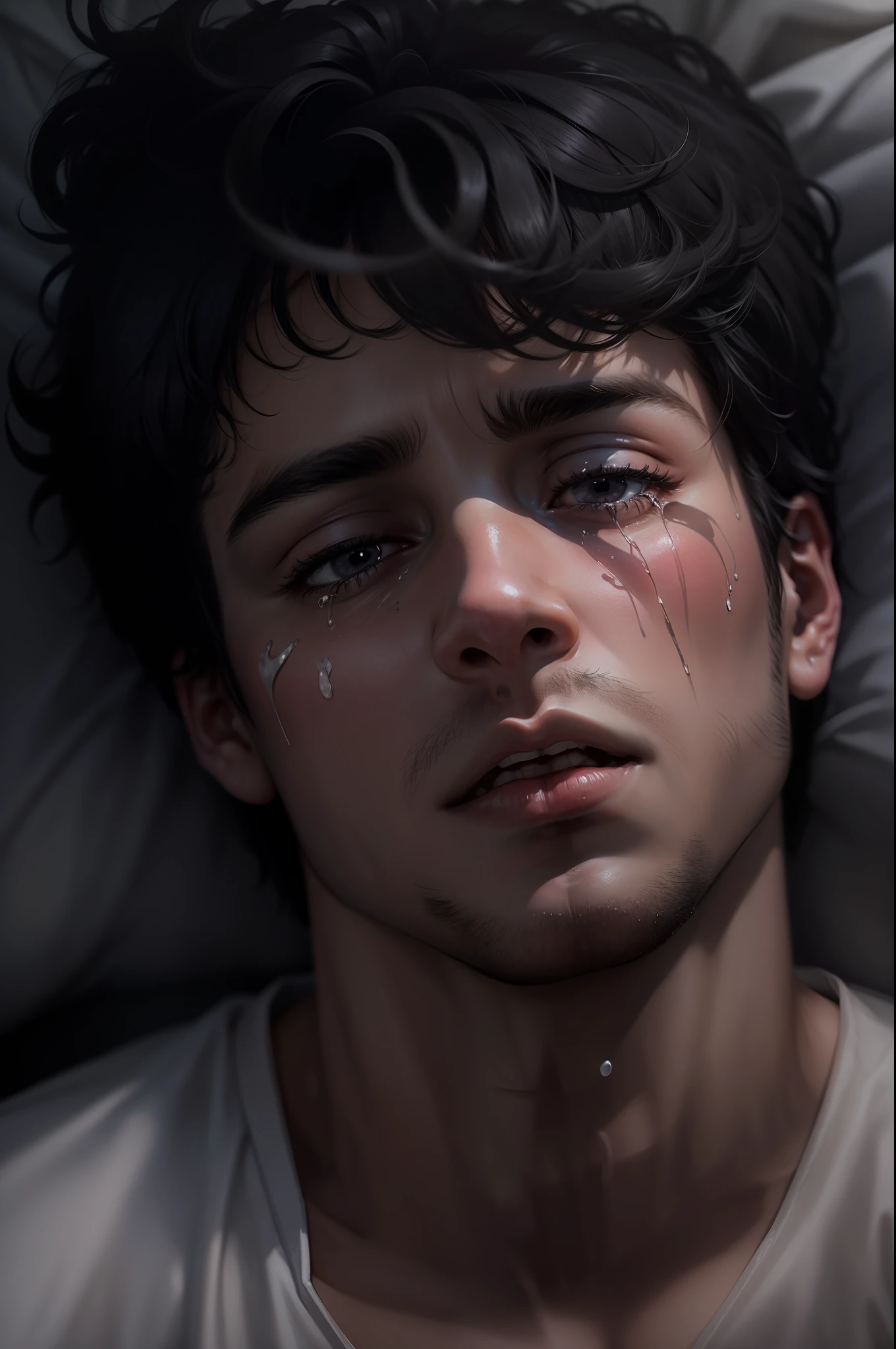 Ultra realistic image of a 25 year old man, short black hair, dressed in a plain white blouse, expression of pain, deep circles under his eyes, tear marks on his face, lying on a bed, dark room, overhead view