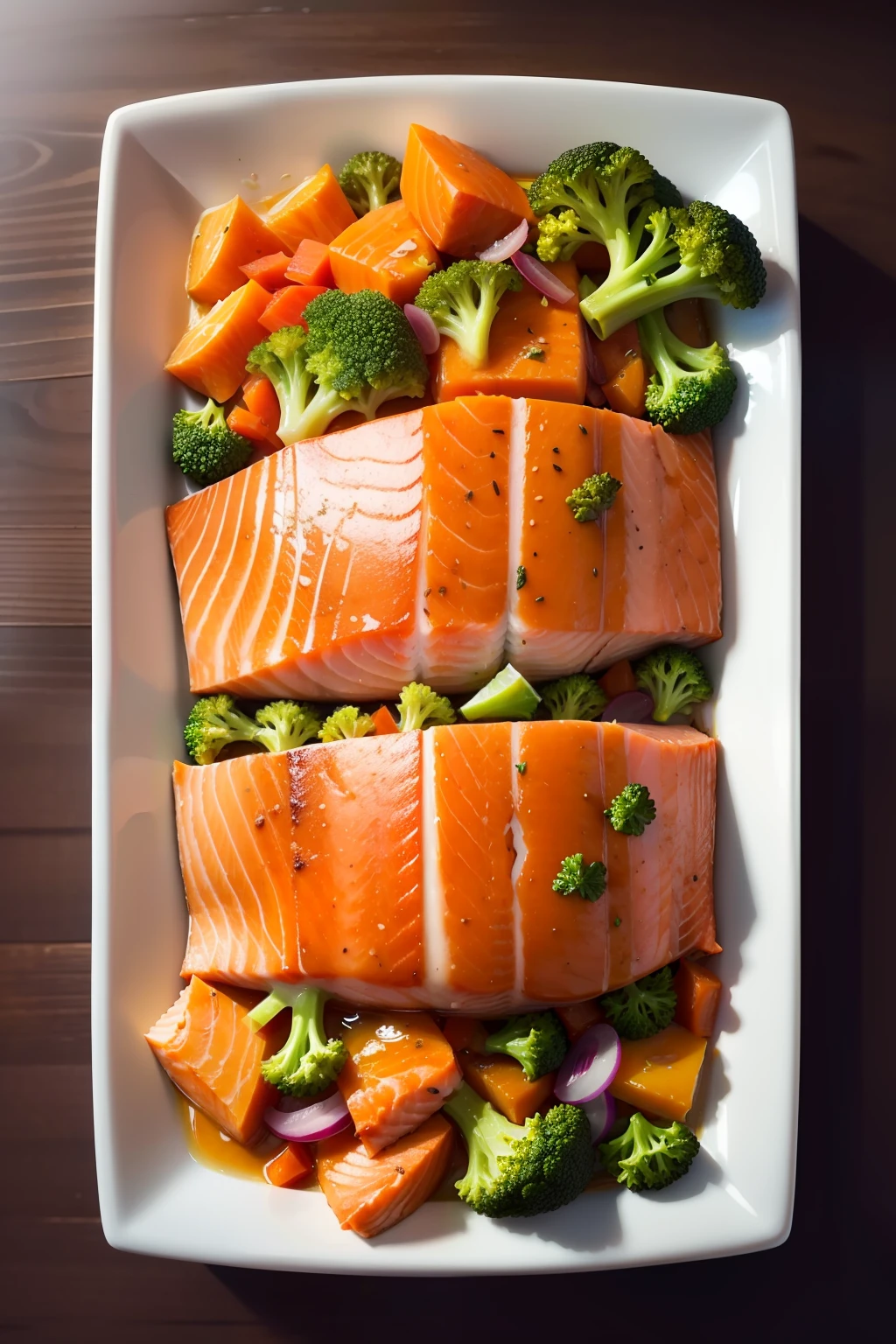 special dish of Roasted Salmon with Sweet Potatoes and Broccoli