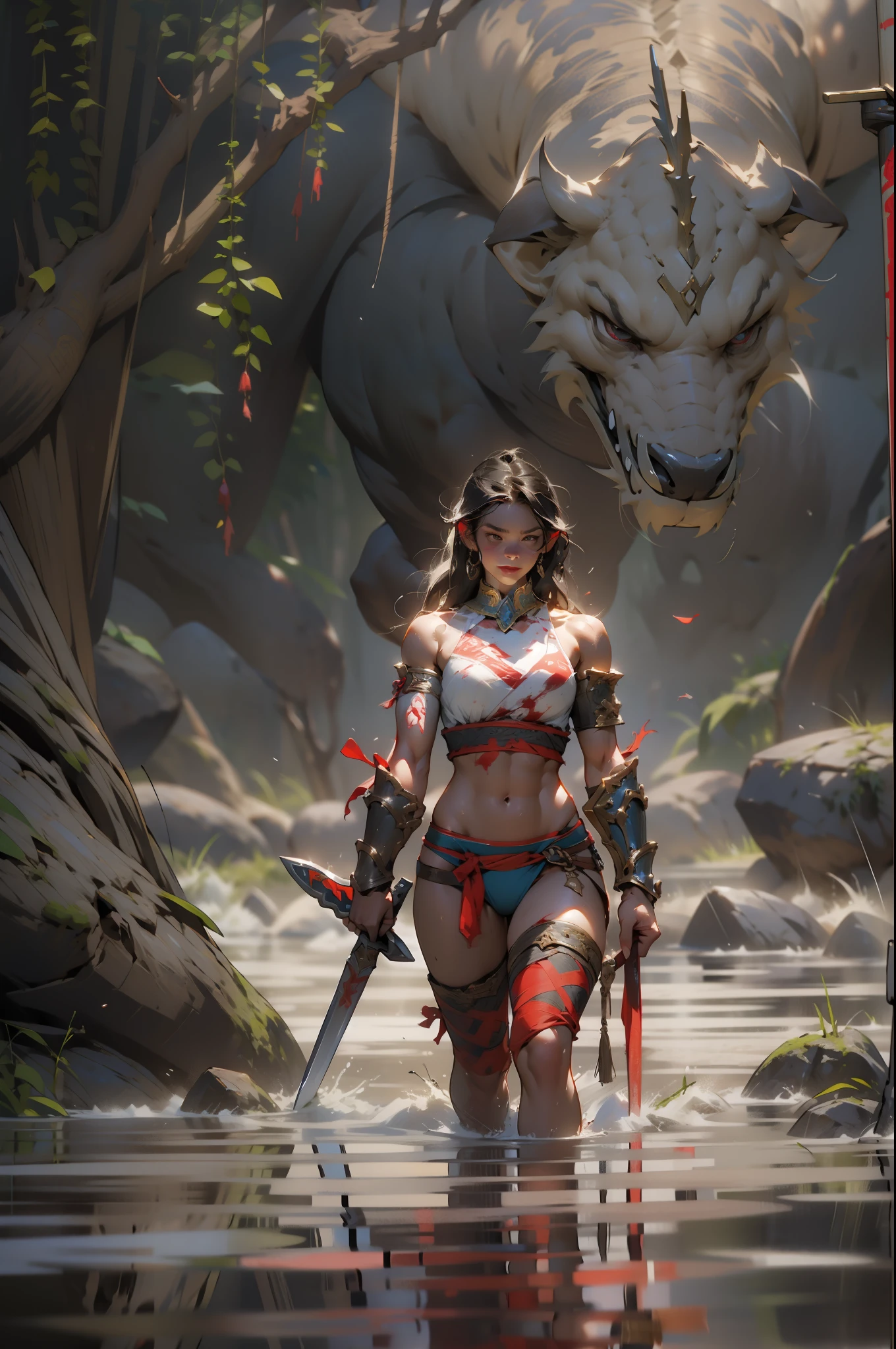 Beautiful full-body woman, 30 years old, muscular and perfect body, barbarian warrior with little clothing, tiny thong, large breasts, generous neckline, holding a blood-stained sword, brave face, dark kingdom, sexy pose, walking in a dirty water