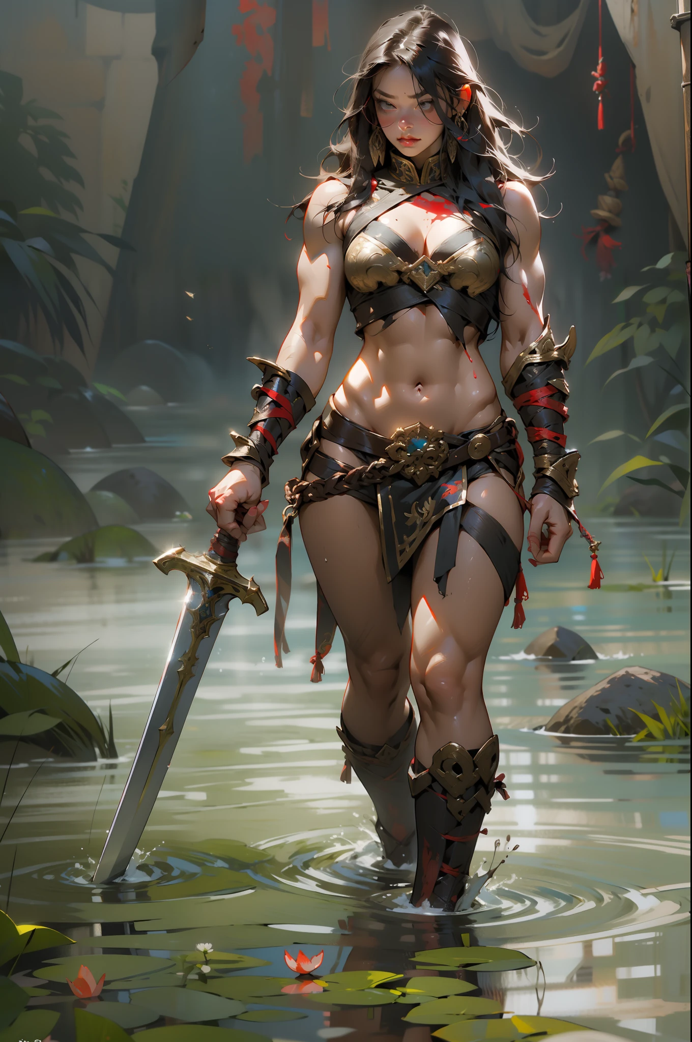 Beautiful full-body woman, 30 years old, muscular and perfect body, barbarian warrior with little clothing, tiny thong, large breasts, generous neckline, holding a blood-stained sword, brave face, dark kingdom, sexy pose, walking in a dirty water