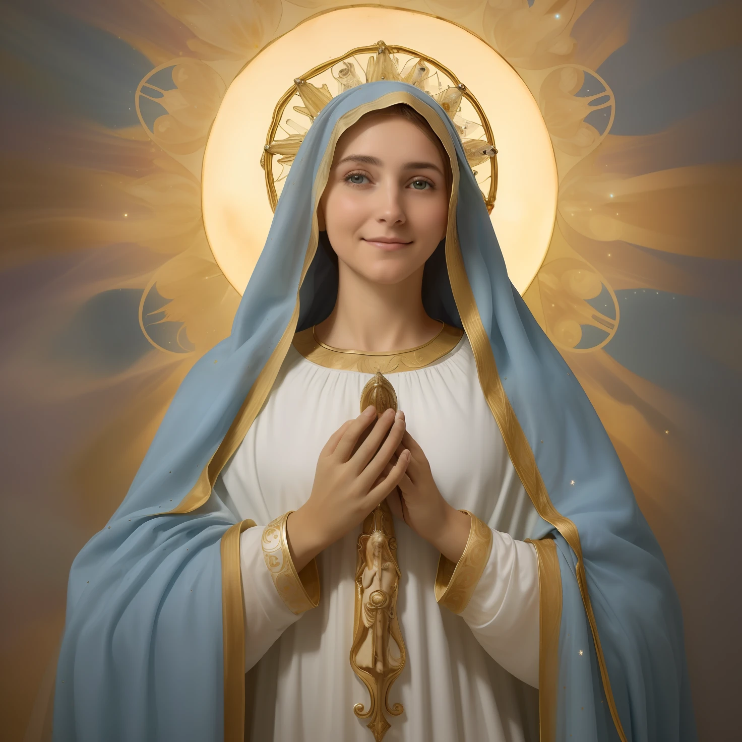 (((Blessed Virgin Mary))) Obra maestra, (La mejor calidad: 1.2), (super fine: 1.2), illustration, (extremadamente delicado y hermoso: 1.2), movie angle, flotante, (Hermoso ojo de detalle: 1.1), (detalle luz: 1.1), Movie Lights, Cielo delicado, ojos azules, (Cola de caballo alta: 1.1), capa, ojuelos, (luna: 1. 2), (Luz de la luna: 1.1), cielo estrellado, (light particles: 1.1) dibujo, flor. (Obra maestra), (La mejor calidad), (fotorrealista:1.3), 8k, Textura detallada de la piel, Textura detallada de la tela, Hermosa cara detallada, Detalles intrincados, Ultra detallado (cuerpo de cuerpo entero:1.2)