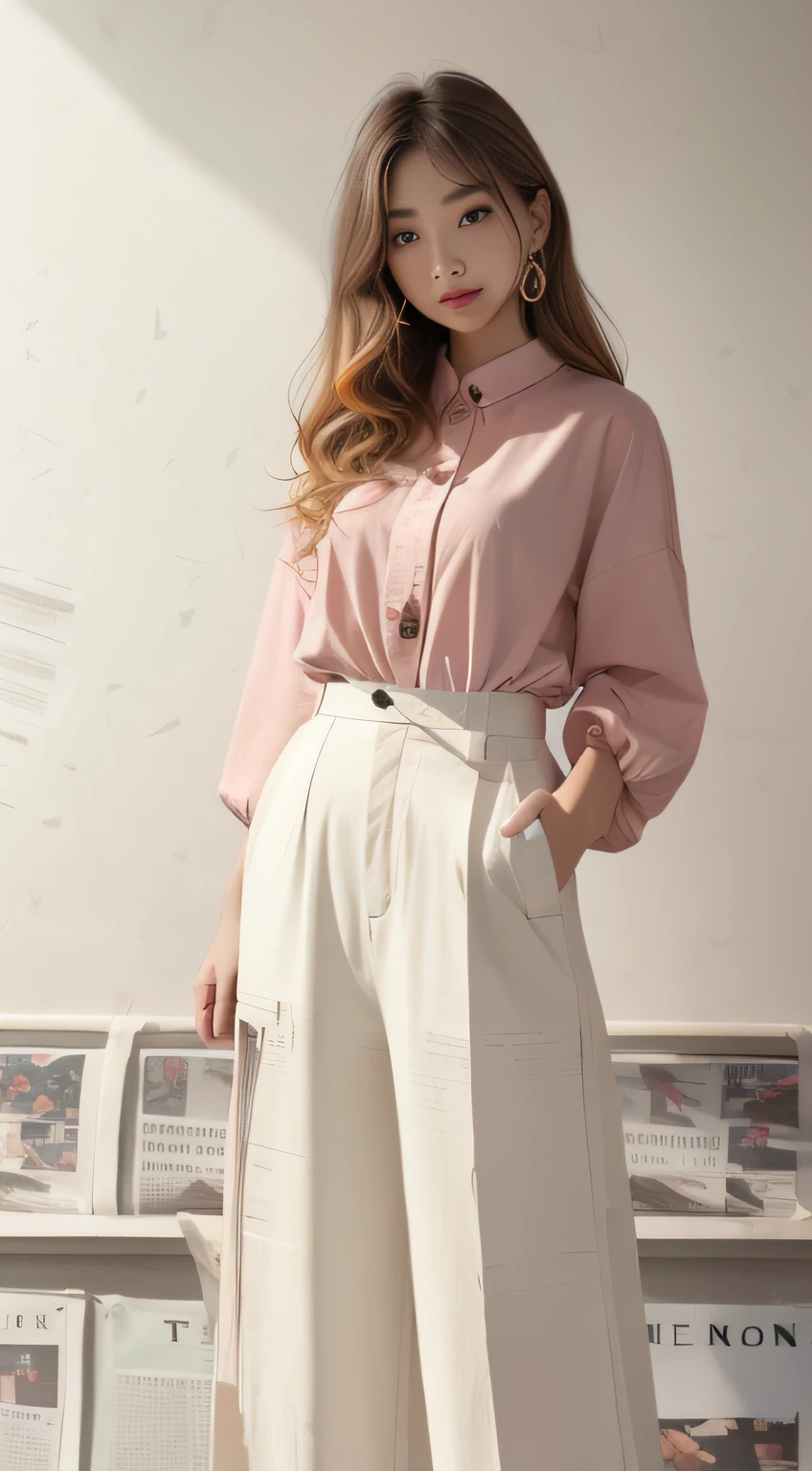 Best quality,Masterpiece,超高分辨率,RAW photo,Soft light,Beautiful and aesthetic,Photorealistic,white backgrounid,(Newspaper background:1.7),1girll,golden curly hair,Pockets of both hands,(a color:1.8),A colorful coat is tied around the waist,looking at viewert,standing on your feet,Wide sleeves,Wide-leg pants,ssmile