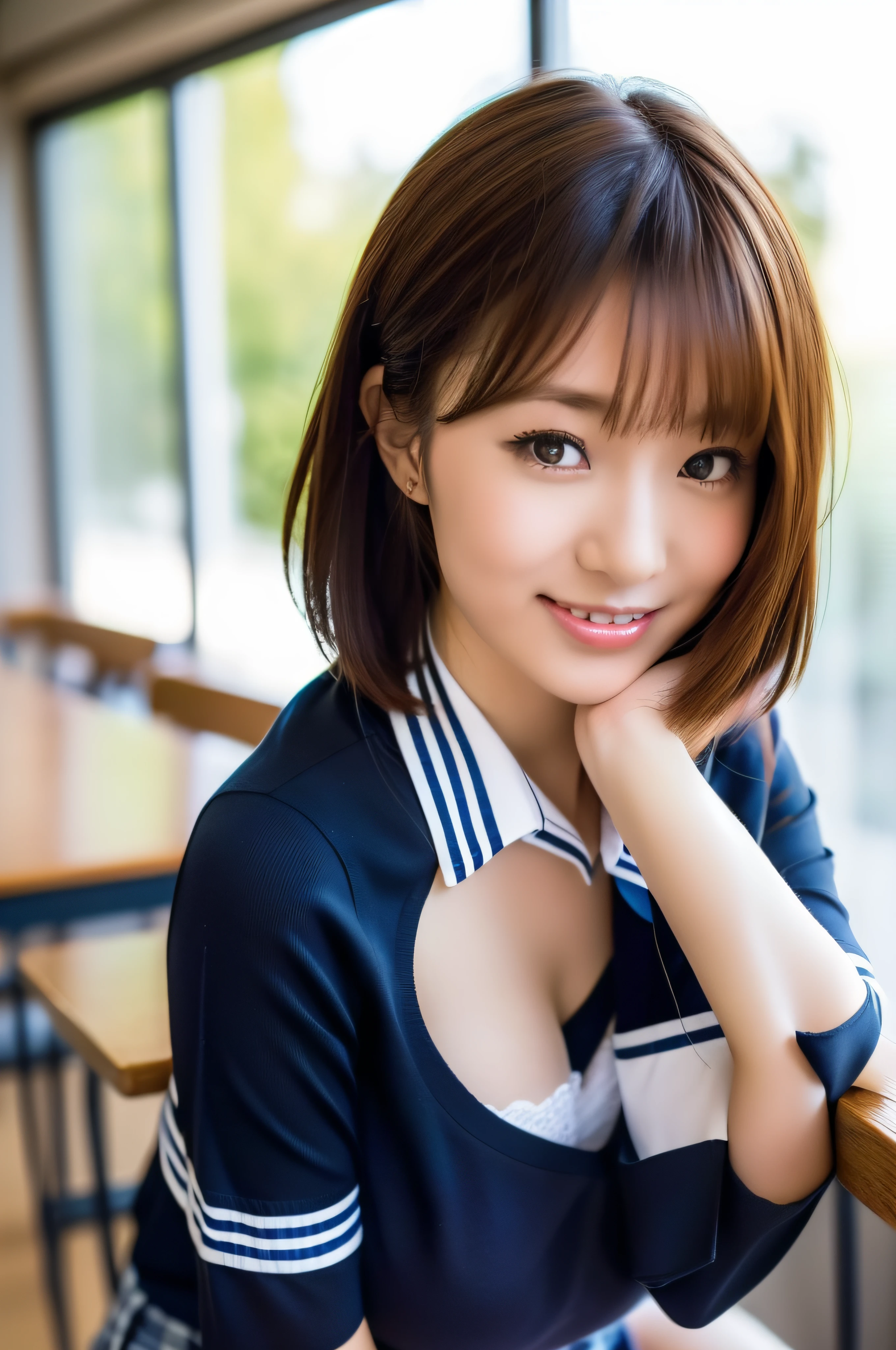 Woman in school uniform leaning on chair, (1.2 (1 Japan schoolgirl posing), Japan school uniform, Japan school uniform, Japan girl uniform, cute schoolgirl, school girl, school uniform, summer clothes, in school classroom, in classroom ((realistic light, top quality, 8K, masterpiece: 1.3)), 1 girl, Japan woman, slim beautyAbs: 1.4, Abs: 1.1, (brown hair, middle breast: 1.3), (brown hair, middle breasts: 1.3), super beautiful face, delicate eyes, double eyelids, smile, short cut, short hair, fair skin, big, long lashes, (Pure white underwear 1.2)), ((Navy blue socks 1.2)), 1 girl, ((white short-sleeved blouse 1.2)), (schoolgirl wearing navy blue socks 1.2)), gingham check pleated skirt, Thin thighs, arms behind back, ((Normal Japan schoolgirl uniform 1.2)), ((Legs spread pose 1.3)), solo, two thin legs, full body photo