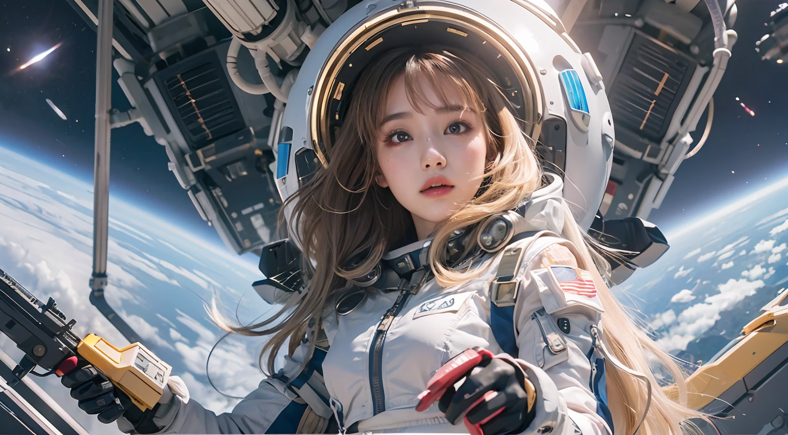 ulzzang -6500-v1.1,(Raw foto:1.2),((Photorealsitic:1.4)),top-quality,masterpiece, illustratio, extremely delicate and beautiful, extremely details CG ,Unity,8k wallpaper, astonishing、finely detail, Official art,the Extremely Detailed CG Unity 8K Wallpapers,absurderes, huge filesize, ultra-detailliert, hight resolution, a beautiful detailed girl, extremely detailed eye and face, beatiful detailed eyes,Facial light,电影灯光,((Ultra-tight spacesuit)),1girl in,FULL BODYSHOT,Look at viewers,((Blissful)), The most detailed background, Encounters with the unknown, ((Alien and Girl)), ((With a rifle)),Inside the spacecraft、A space station