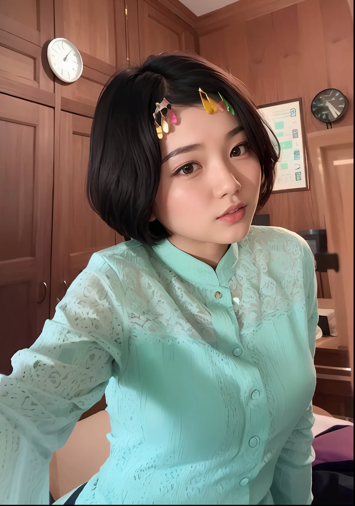 there is a woman with a green shirt and a clock in the background, dang my linh, nivanh chanthara, in style of lam manh, nuttavut baiphowongse, south east asian with round face, young cute wan asian face, potrait, ruan cute vtuber, with lovely look, with short hair