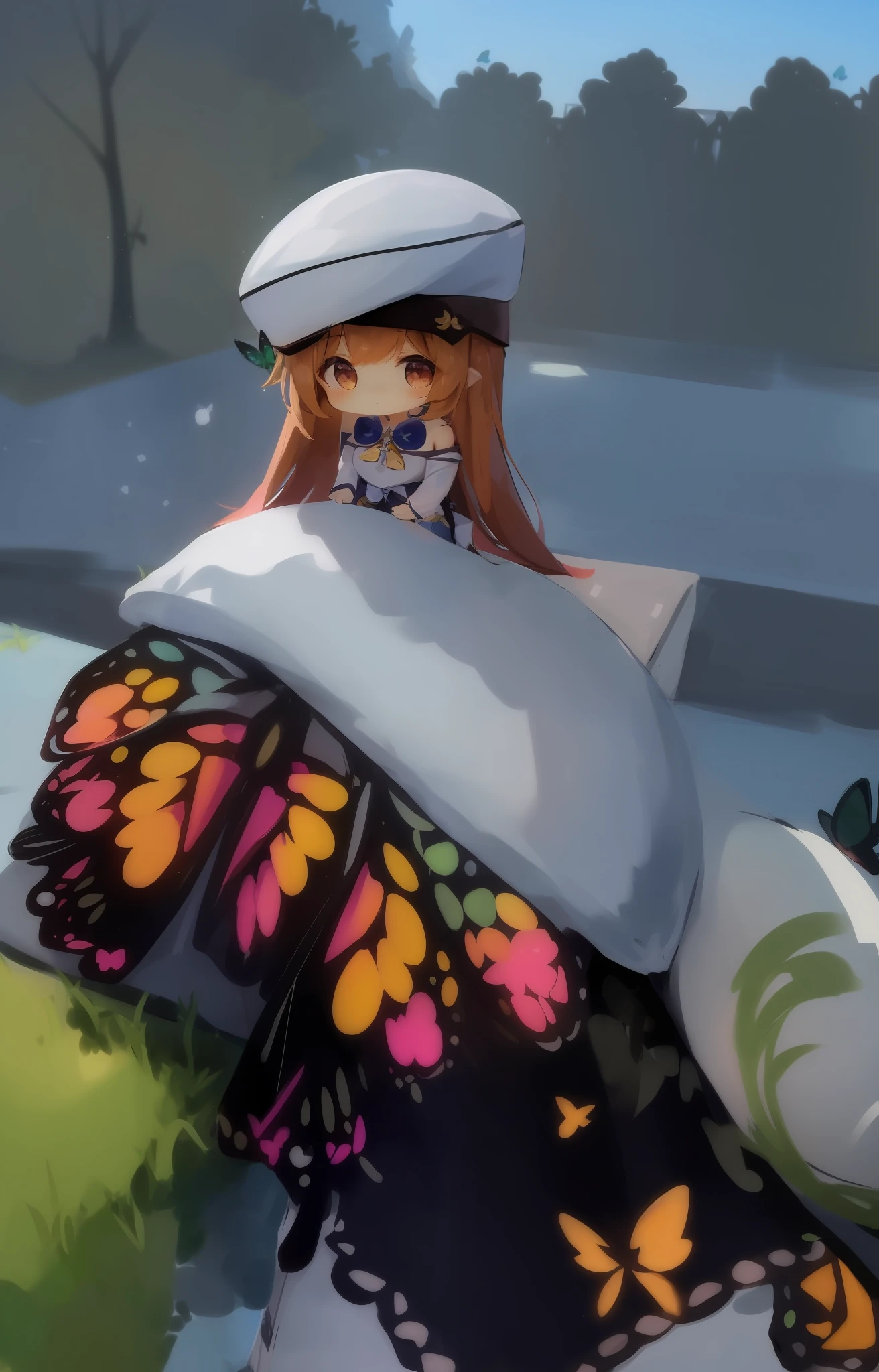 1girl, nilou \(Impacto de Genshin\), Chibi,un abanico de mariposa en la almohada