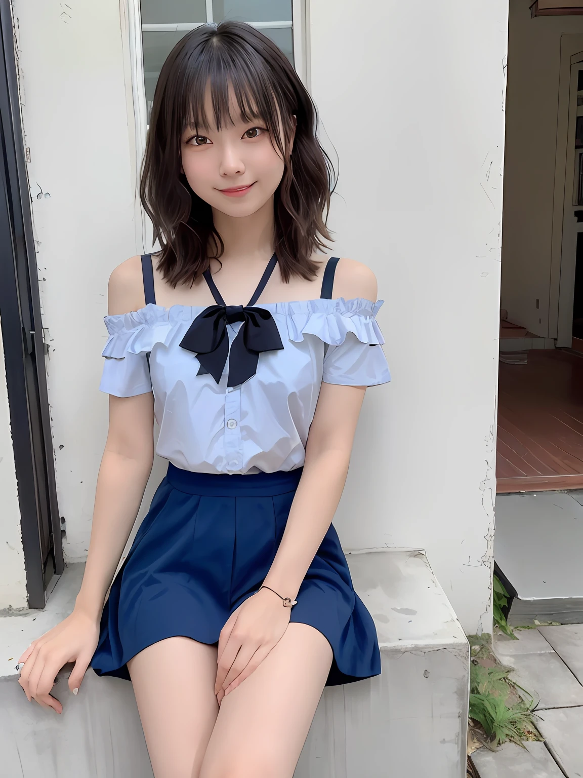 (top-quality、masterpiece:1.5)、(Photo Real、intricate-detail:1.2)、Ultra-high resolution
1 girl、22-year-old girl、yandere、A dark-haired、Semi-long、bow ribbon、
off shoulder t-shirt、Sheer shirt、Bra 15cm thin miniskirt above the knee、
A smile、
Slim waist、Slim Leg、Long leg、
slender and very slender body,,,,sexy pantie、Punchler Show、shinny skin、Authentic skin texture、
natural soft light、细致背景、detailed shadow、foco nítido、highly contrast、Strong light and shadow、outside of house、mont、a river、clouds