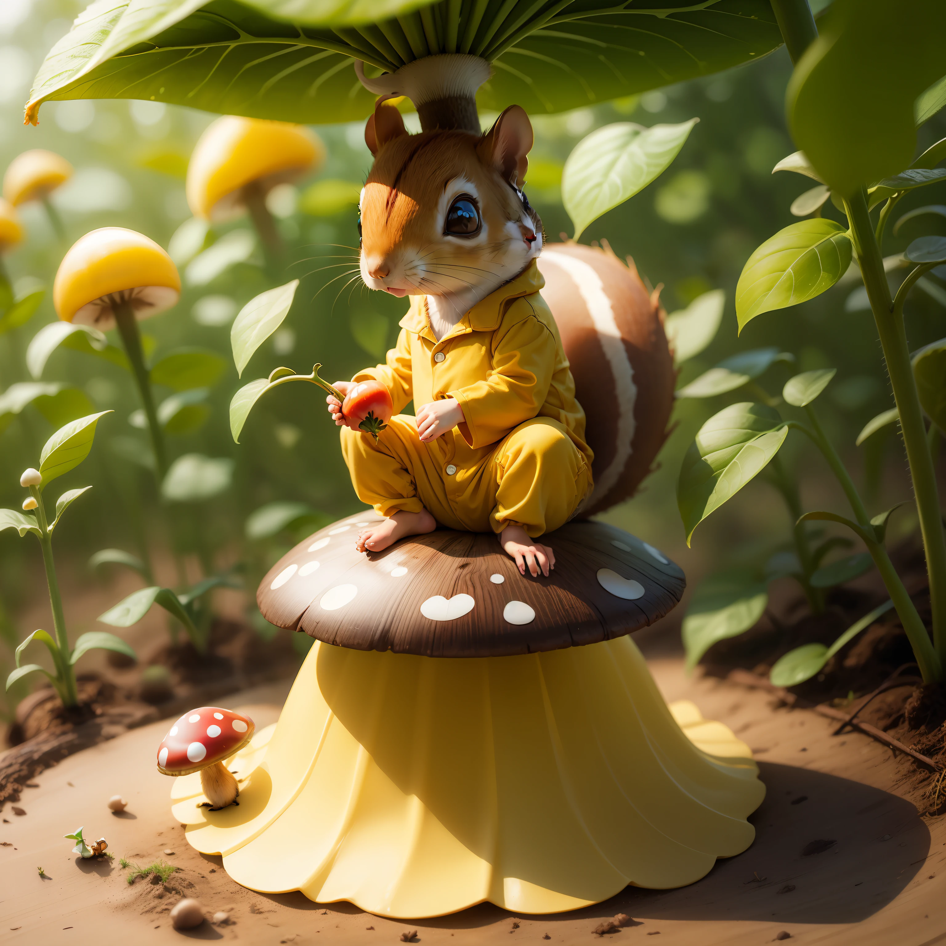 Create a yellow pajama squirrel sitting on the mushroom in the middle of the tomato plantation