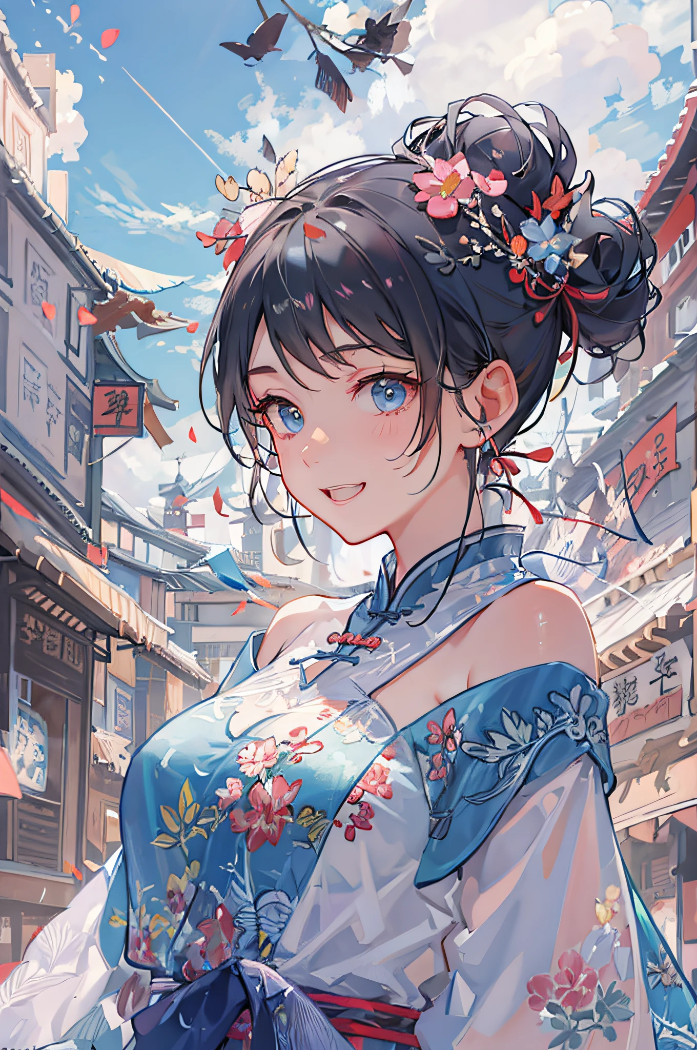 (top-quality、in 8K、32K、​masterpiece、nffsw、ighly detailed:1.2)、sideshot、Full body, blue open sky、Chinese towns、beauitful face、blurry backround、20-year-old beauty、shinny skin、black colored hair、Bun hair、Blue eyes、Chinese clothing、Floral hair ornament、raise arms、miscievous smile、