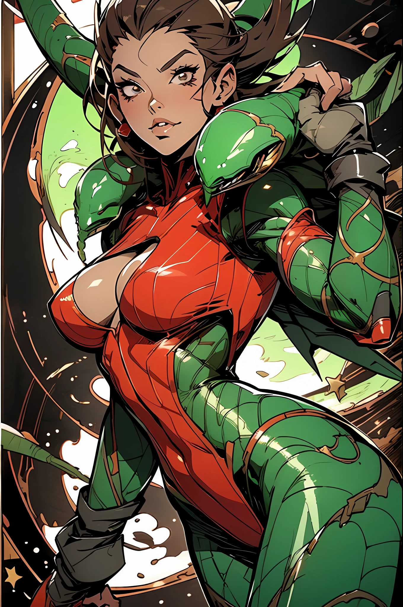 Cartoon photo of woman in green and red costume, hot insect humanoid woman, Guyver style, SFW version, scaraber reploid, tail, cel shade adult animation, alien queen, serpentine pose,