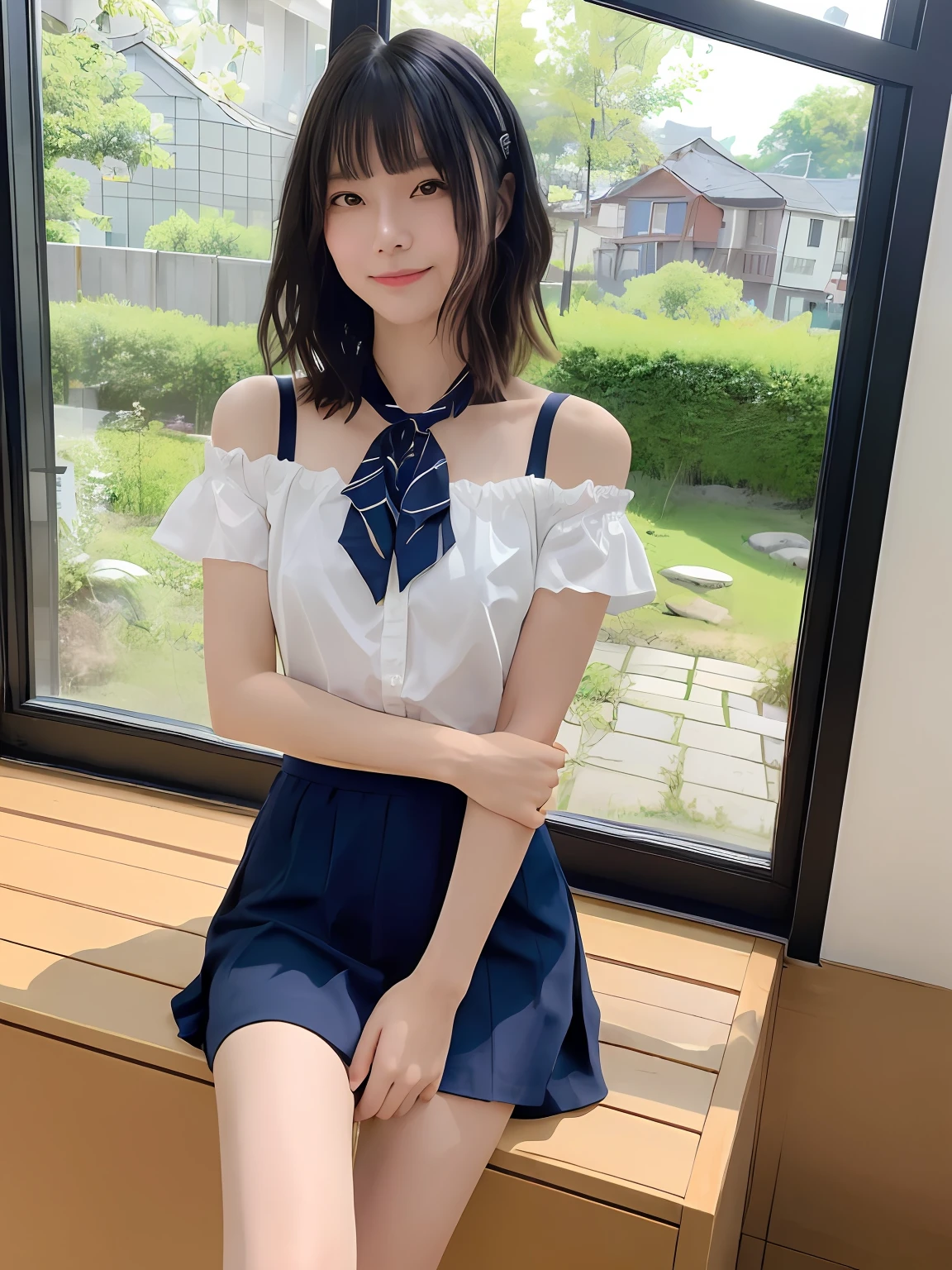 (top-quality、masterpiece:1.5)、(Photo Real、intricate-detail:1.2)、Ultra-high resolution
1 girl、22-year-old girl、yandere、A dark-haired、Semi-long、bow ribbon、
off shoulder t-shirt、Sheer shirt、Bra 15cm thin miniskirt above the knee、
A smile、
Slim waist、Slim Leg、Long leg、
slender and very slender body,,,,sexy pantie、Punchler Show、shinny skin、Authentic skin texture、
natural soft light、细致背景、detailed shadow、foco nítido、highly contrast、Strong light and shadow、outside of house、mont、a river、clouds