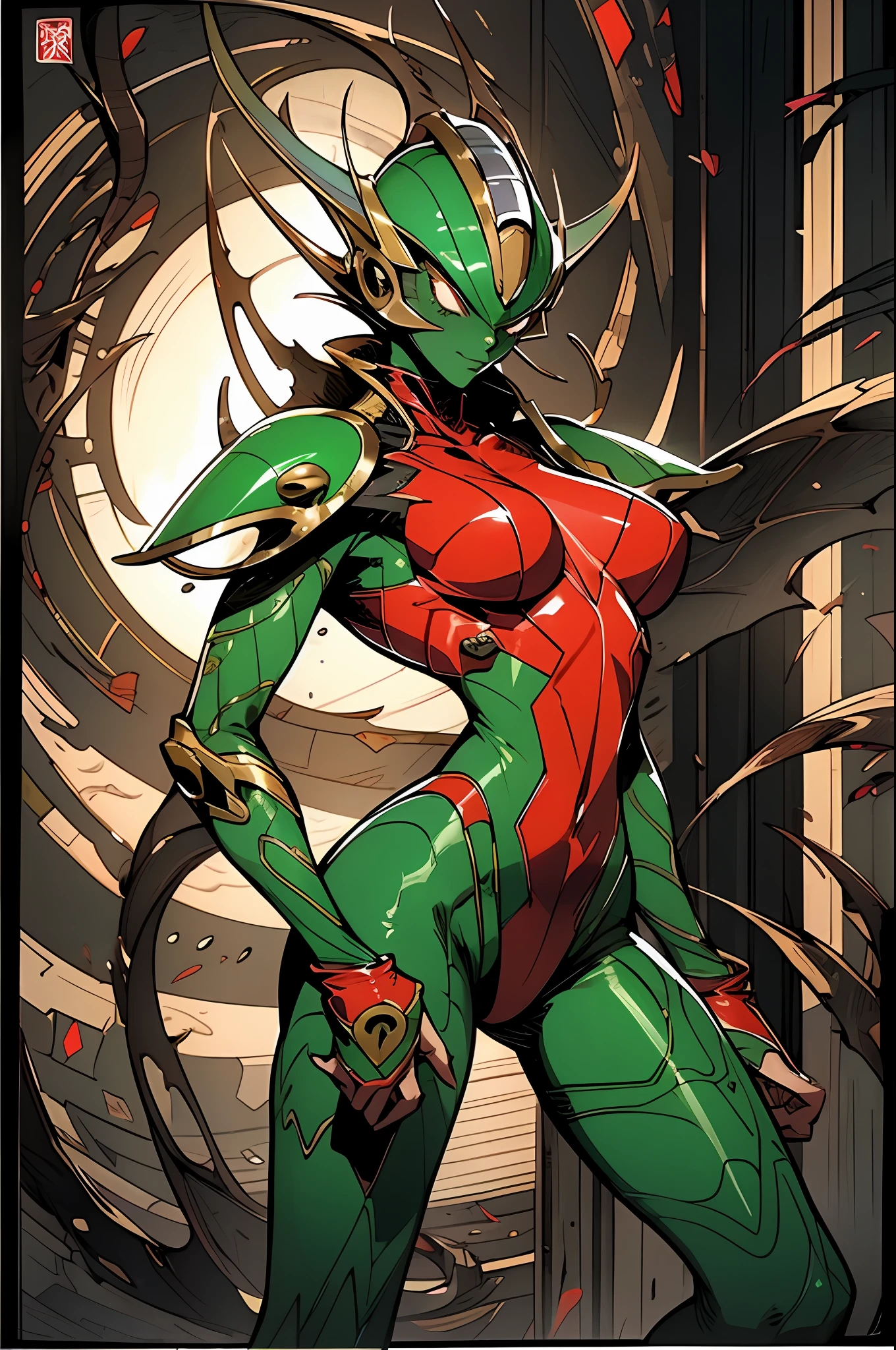 Cartoon photo of woman in green and red costume, hot insect humanoid woman, Guyver style, SFW version, scaraber reploid, tail, cel shade adult animation, alien queen, serpentine pose,