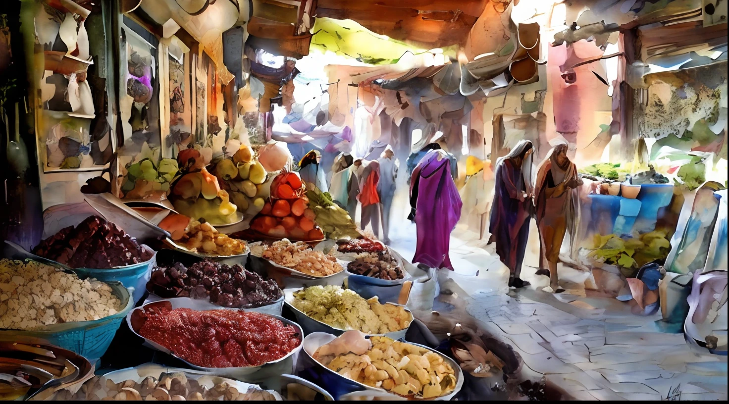 pessoas caminhando por um mercado com muitos tipos diferentes de comida, Marrakech, marroquino, Os ecos vibrantes do mercado, Cidade Marroquina, mercado, Marrocos, Inside an Arab market bazaar, Stand colorido do mercado, Mercado de rua, middle eastern style vendors, Mercado movimentado, bancas de mercado, futurista Marrakech marrocos, imagem impressionante, Marraquexe futurista, visual deslumbrante, cores vivas vibrantes