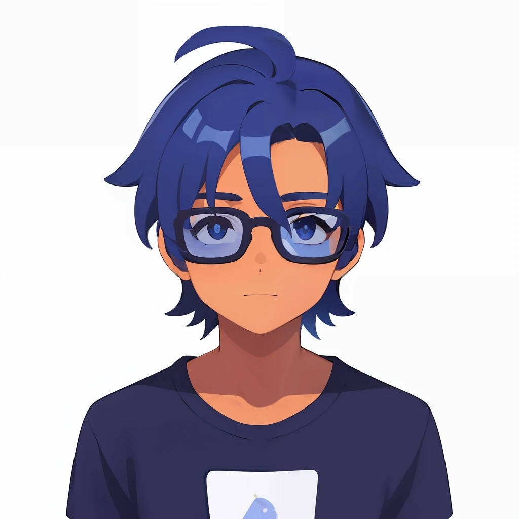 coloredic0n icon, ik1, 1st grade,Boy with blue glasses,cabelo pequeno estiloso preto e azul, olhos castanhos,  camisa azul, bermuda preto jeans osso dos desenhos animados, adolescente