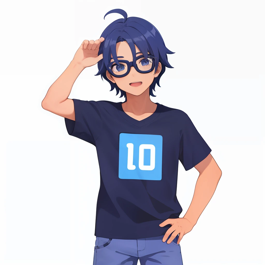 coloredic0n icon, ik1, 1st grade,Boy with blue glasses,cabelo pequeno estiloso preto e azul, olhos castanhos, camisa azul, bermuda preto jeans osso dos desenhos animados, adolescente