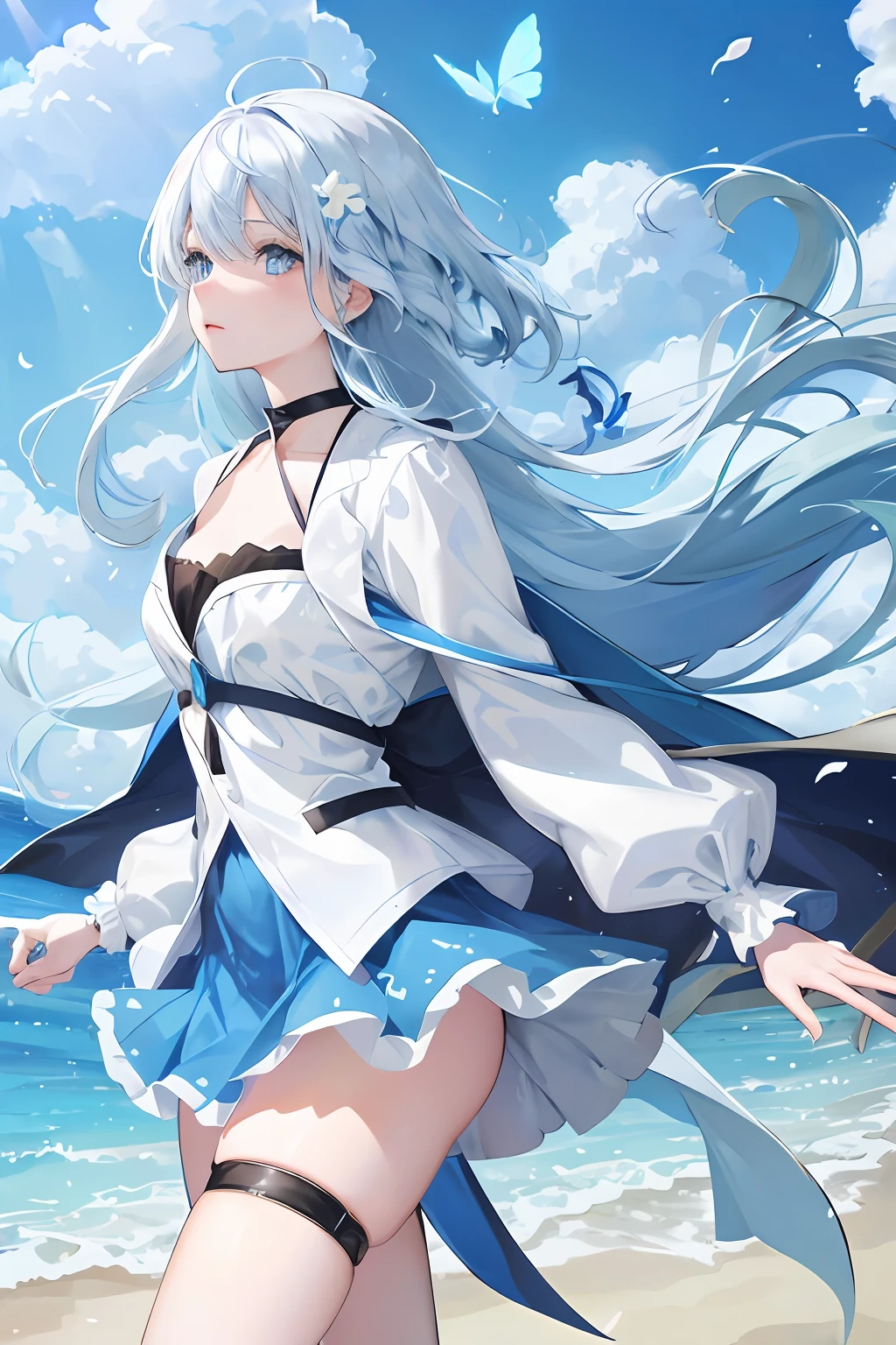 ,blue skirts,1girll,blue color eyes,long white hair,Side Body,Stand on the edge of the beach,Flying blue butterflies,falling flower petals,exteriors,clouds,Detail enhancement,best qualtiy,Perfect image quality,The wind blows the hair