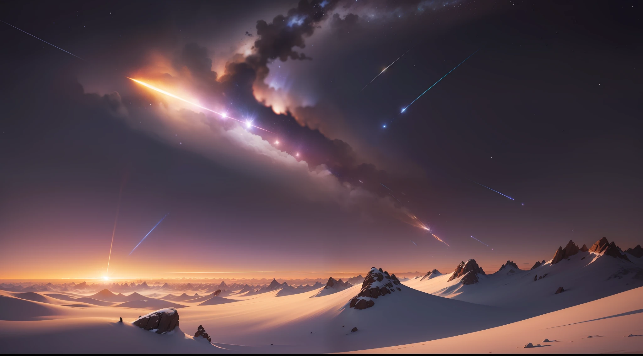 a fast-moving field with a meteor tearing through the northern sky in the background