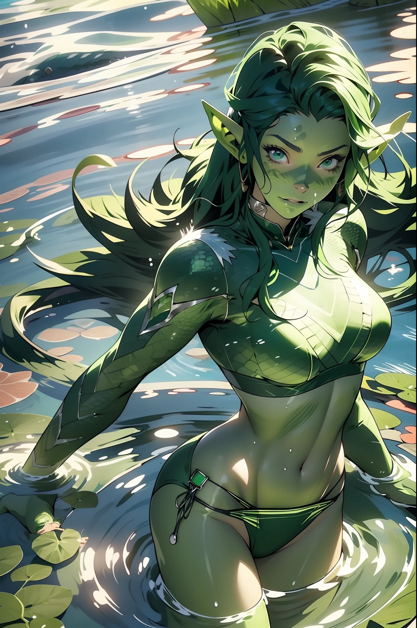 An anime character with green skin, (((green skin))), 35-year-old woman, elf ears, sea creature, scales, coming out of the water, minimal clothes, tiny thong, green hair, bare thigh, navel banding on the breasts, perfect body, large breasts, sexy pose, coming out of the water