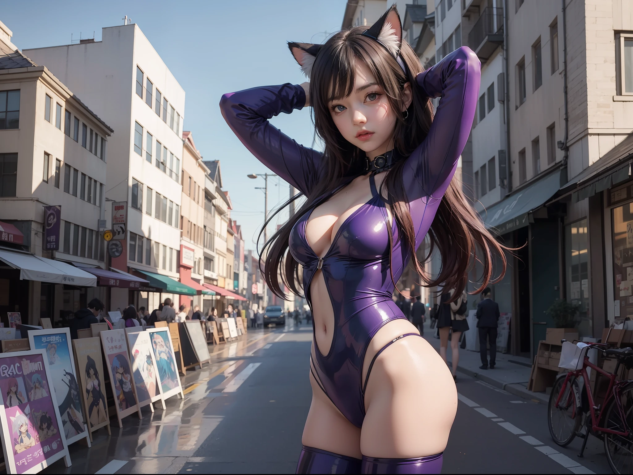 Put your hands behind your head，solo person，are standing，Anime girl in purple swimsuit，Cat ears and purple tie, seductive anime girls, ilya kuvshinov with long hair, Biomechanical OPPAI, Smooth anime CG art, holograph, Anime girl with long hair, (Anime girl), attractive anime girls, Beautiful anime girl, pretty anime girl, female anime character, Anime waifu