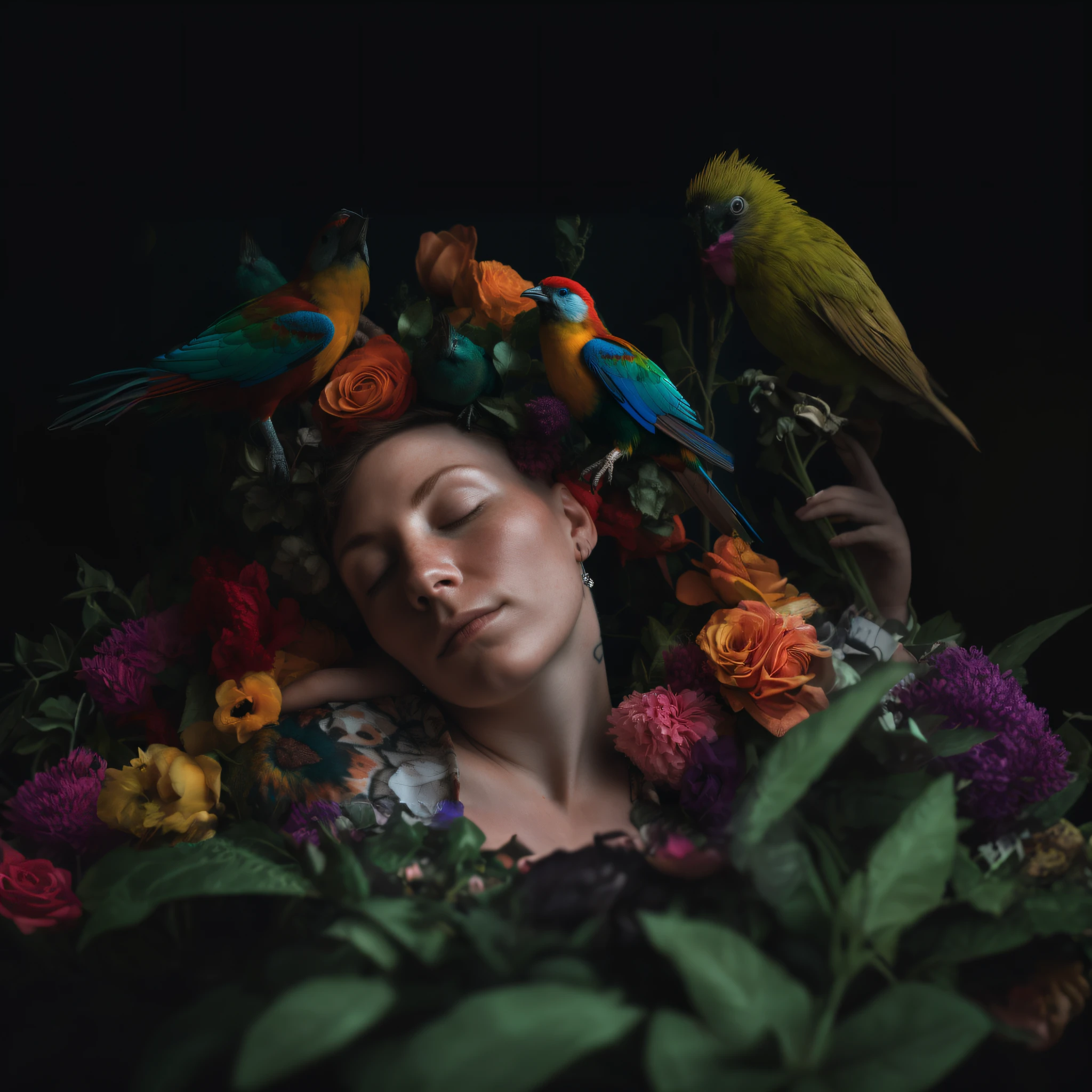 A stunning, ultra-realistic close-up photograph of two women sleeping with colorful bird heads, in the style of darktable processing, birds & flowers, epic portraiture, 8k resolution, photorealistic portraits, nature-inspired imagery, carnivalesque