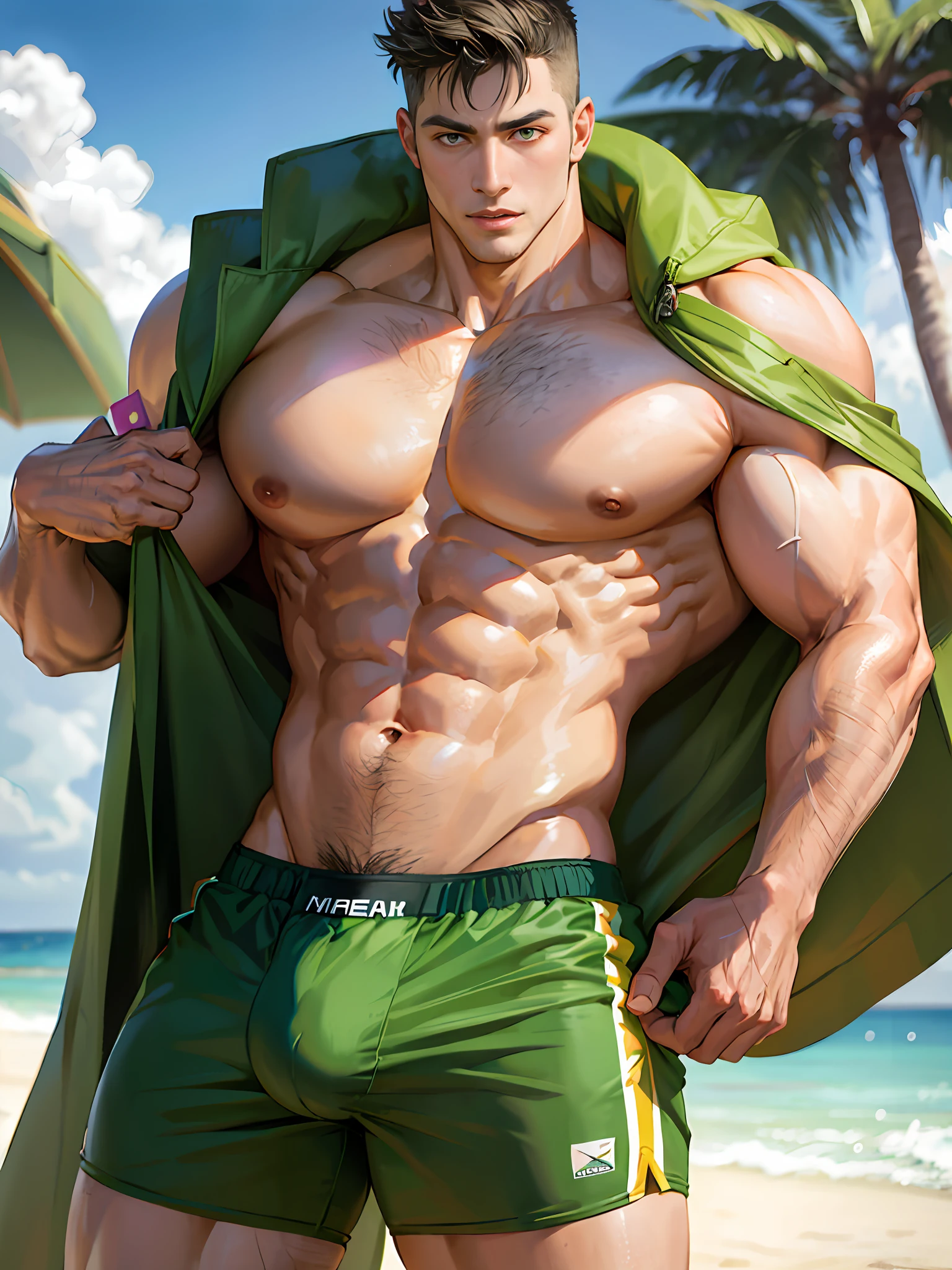 arafed man in green shorts and a green jacket on a beach, muscular! green, muscular male hero, super buff and cool, muscular body, muscular male, sexy muscular body, bursting with muscles, ripped, muscular character, muscular!!, muscle, bulging muscles, muscular!! sci-fi, shirtless :: high detail, muscular men, muscular build