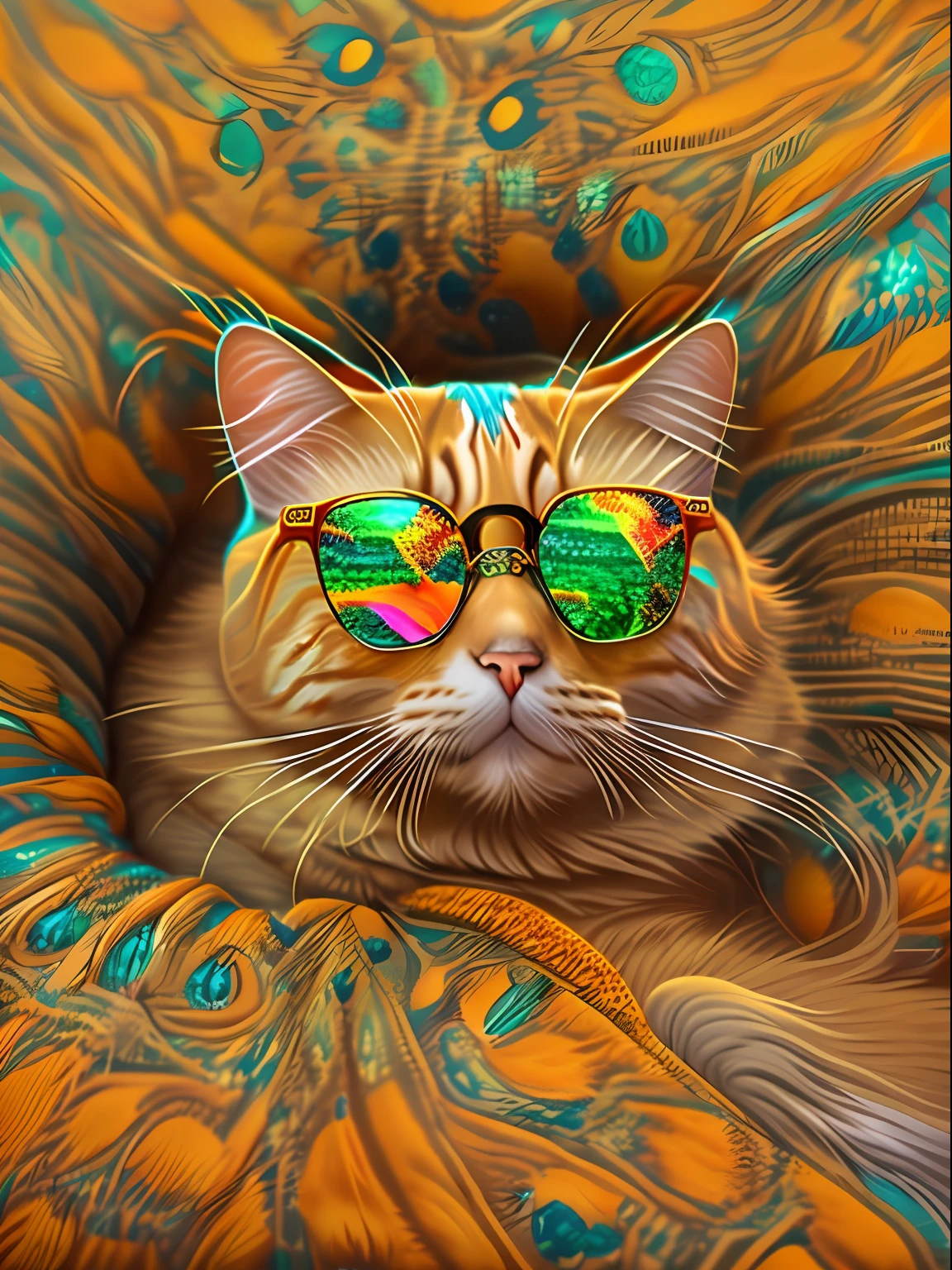 There is a cat wearing a colorful shirt and glasses, olhando heckin legal e elegante, funny cat, foto do gato, Shutterstock, foto de retrato em close-up, foto de retrato, fotografia de gatos, foto de um gato, awesome cat, the cat is orange, foto de retrato detalhada, retrato do gato, gato de gengibre, wearing cool sunglasses, um gato antro, retrato closeup, gato laranja , imagem inteira --auto