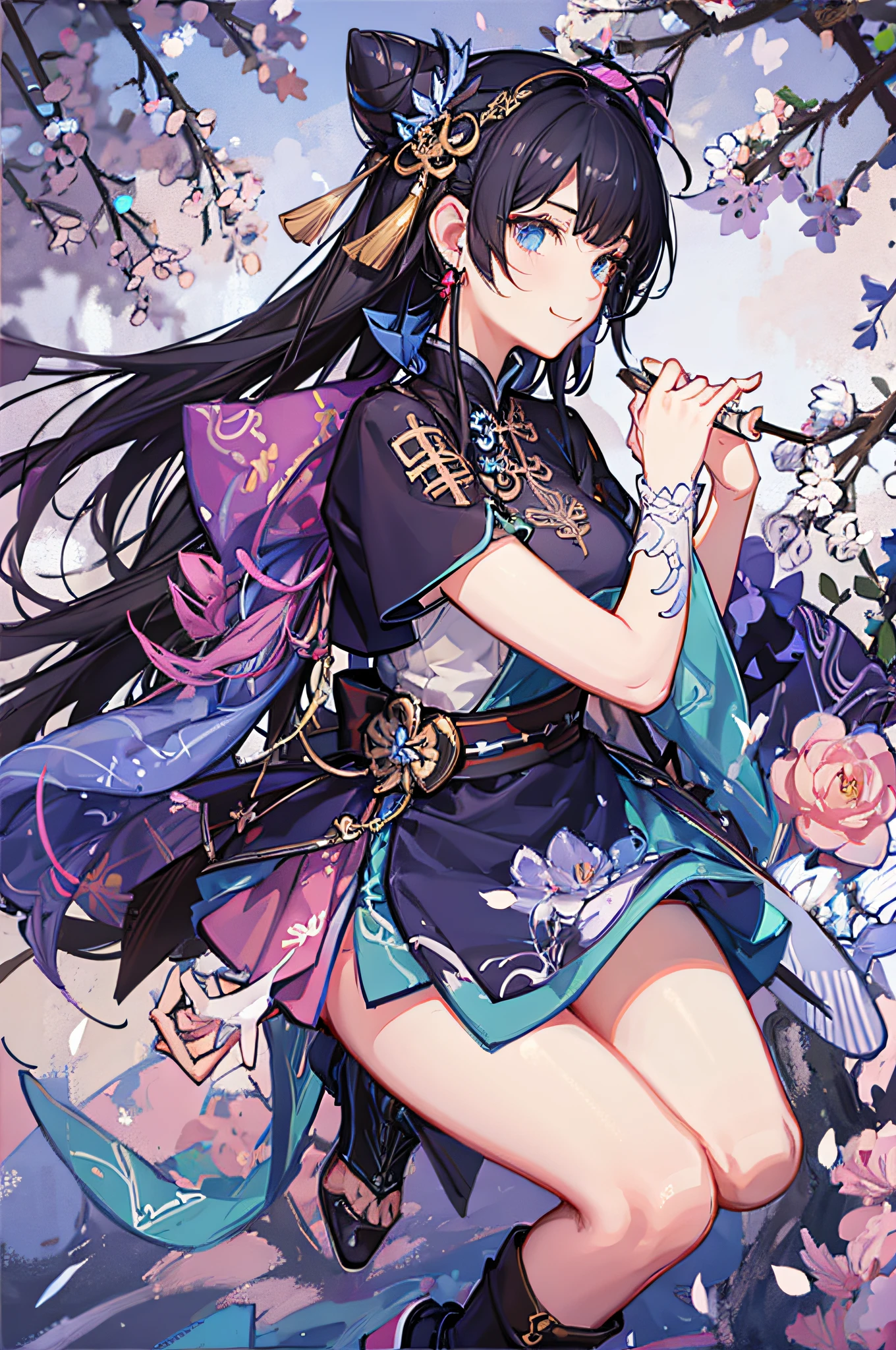(top-quality、in 8K、32K、masterpiece、nffsw、ighly detailed:1.2)、sideshot、Full body, blue open sky、Chinese towns、beauitful face、blurry backround、20-year-old beauty、shinny skin、black colored hair、Bun hair、Blue eyes、Chinese clothing、Floral hair ornament、raise arms、miscievous smile、
