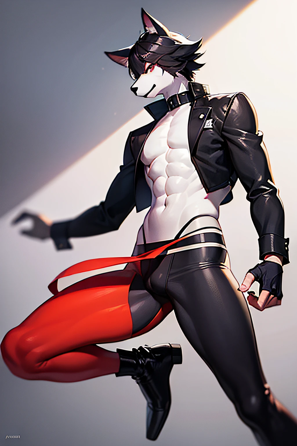 Generate an image of a male furry character with a slim but not too slim waist, and above average thighs, in a dynamic and energetic pose, with the character's face and body language conveying a sense of optimism and confidence. The character should be wearing a stylish outfit that highlights his slim waist and above average thighs, such as tight-fitting pants, a hip-hugging shirt, and a sleek jacket. The character should also be wearing shoes with a thick sole, giving the impression of tall, muscular legs. The overall color scheme of the outfit should be a mix of black, white, and red, with black as the dominant color. The image should be designed for a smartphone wallpaper, with a vertical orientation and a resolution of 1080 x 1920 pixels. The background should be a plain and minimalistic setting to make the character stand out, such as a blank wall or a simple street mural.