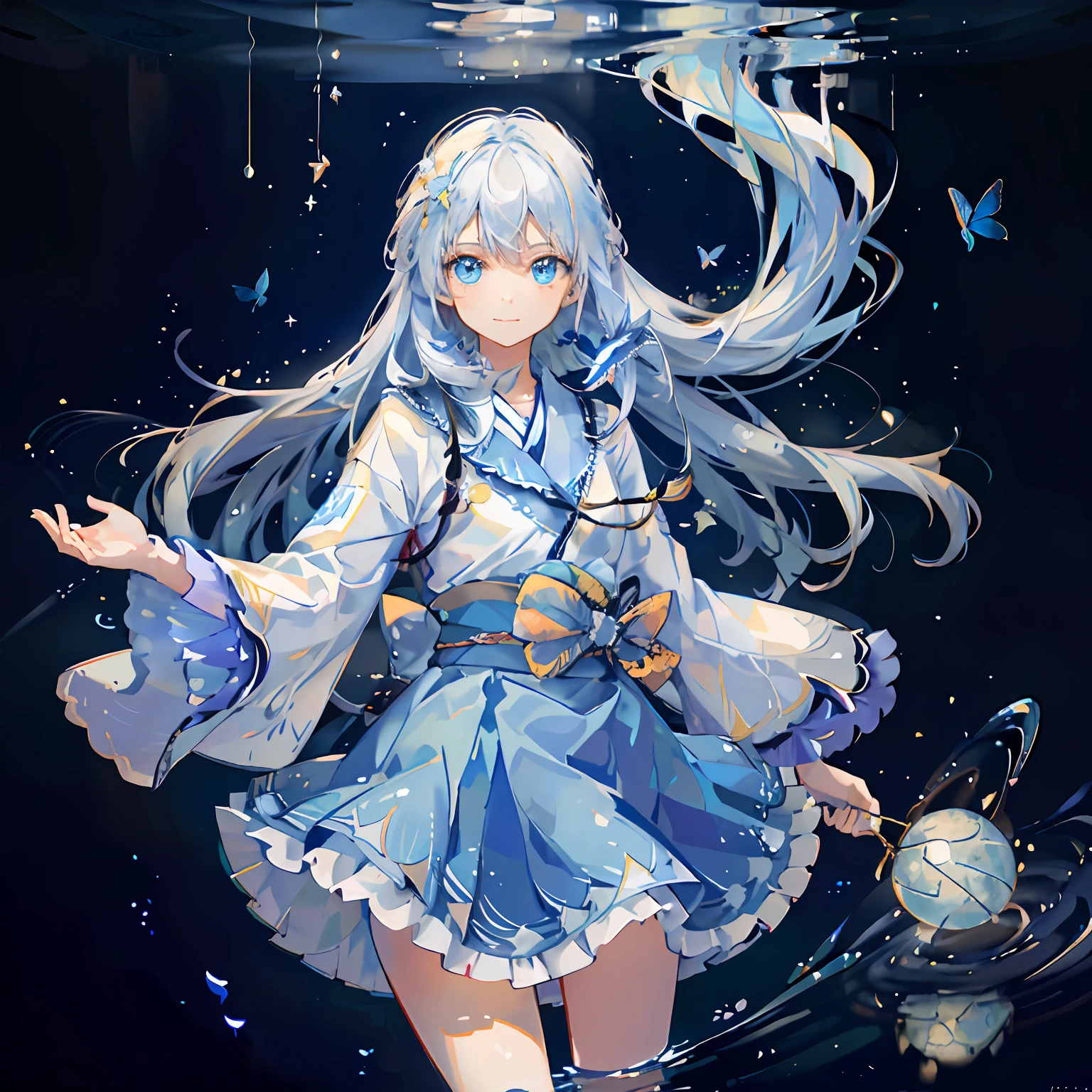 ((masterpiece)),(((bestquality))),((ultra - detailed)),((illustration)),dynamicangle,((solo:1.4)) 1girl,kimono,(cowboy shot:1.4),Light smile,long hair,light simle,light bush,((Buble)),(solo:1.2),(Reflective water:1.2),((partial underwater shot)),ripples,,Floating flowers,,blossoms,glowing butterflies,( (water)),caustics,moon,blue theme,((lying)),nose,((realistic))，blue skirts，1girl，blue color eyes，long  white hair，Flying blue butterflies，